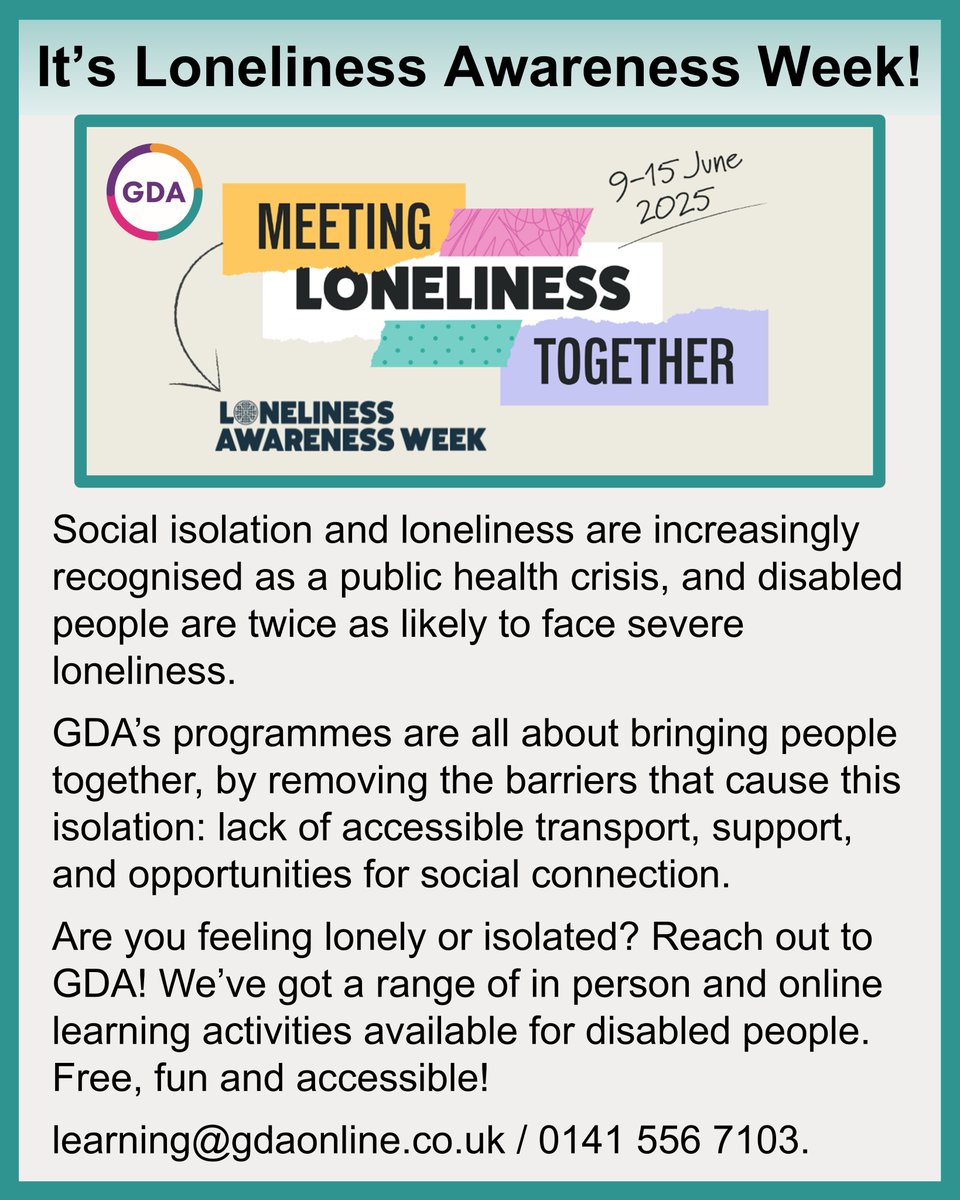 It’s #LonelinessAwarenessWeek!

GDA’s programmes are all about bringing people together by removing the barriers that cause isolation: lack of accessible transport, support and opportunities for social connection.

Join our range of in person and online learning activities!