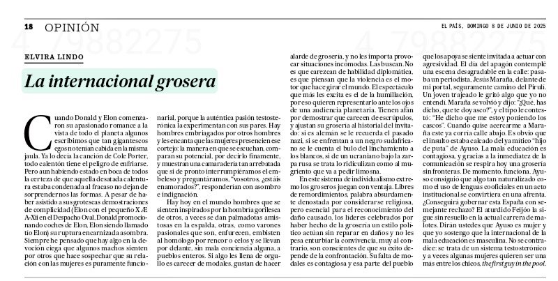 Elvira Lindo da una revisión a comportamientos comúnmente expuestos por la tropa testosterona alfa, y que Musk con Trump abanderan en el plató global; aunque fija su mirada en su entorno político (🇪🇦) no encadena el texto a su terruño ni a los titanes #MAGA. Vale leerla. @El_Pais