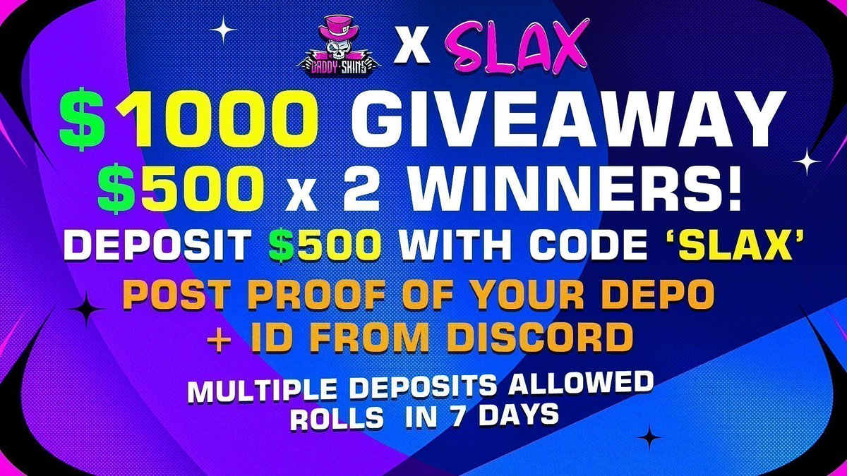SlaxCSYT's tweet image. 🎉$1000 FREE ETH Daddyskins Giveaway!

🆚2 Winners
 ☑ RT + Tag 1
💸Deposit $500 on code &quot;slax&apos;&apos; (Show Proof)

⏳Rolls 15.06 (Sunday)

💰EXTRA $20 For Random RT + Tag

📌YOU NEED SEND PROOF IN MY DISCORD TO UNDER DADDY-500COMP📷 discord.gg/zZSgR4RsPB

👉daddyskins.com/promo-code/slax