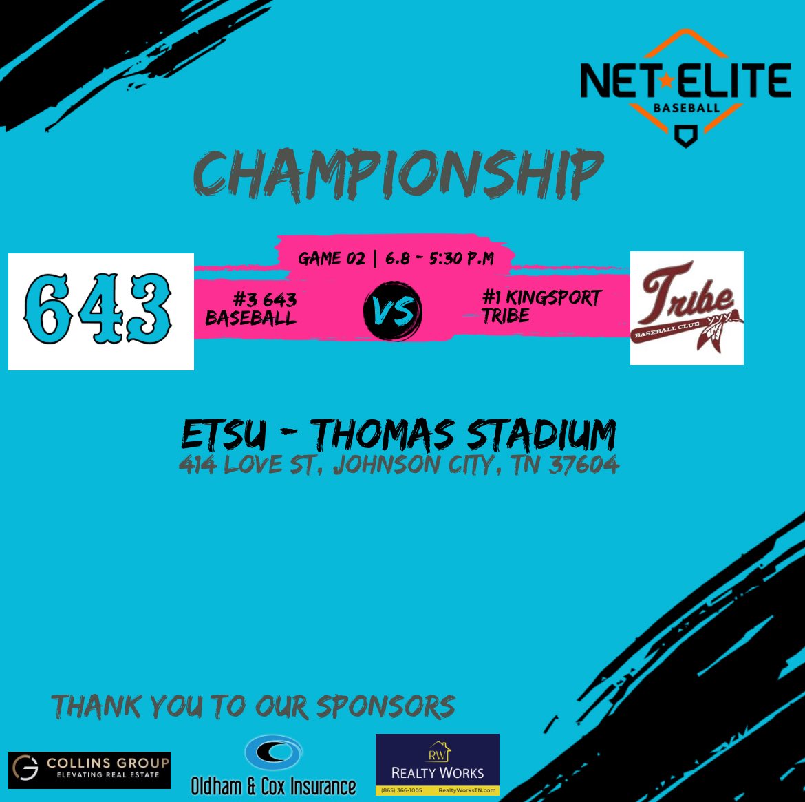 Championship time!

<a href="/643TN/">643 Baseball</a> vs Kingsport Tribe 5:30 pm at Thomas Stadium!
<a href="/ETSU_Baseball/">ETSU Baseball</a> <a href="/ETSUBSB_PD/">ETSU Baseball Player Development & Analytics</a> <a href="/netelitebasebal/">NET Elite Baseball</a>