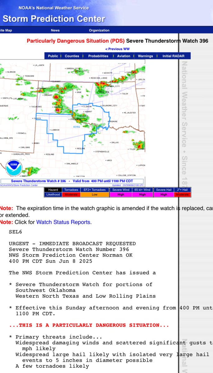 A very rare *PDS Severe Thunderstorm Watch has been issued for parts of Texas! Enormous hail (up to 5” in diameter!) and winds to 100+ mph possible with storms today! CAPE up to 6000j/kg! Wow!