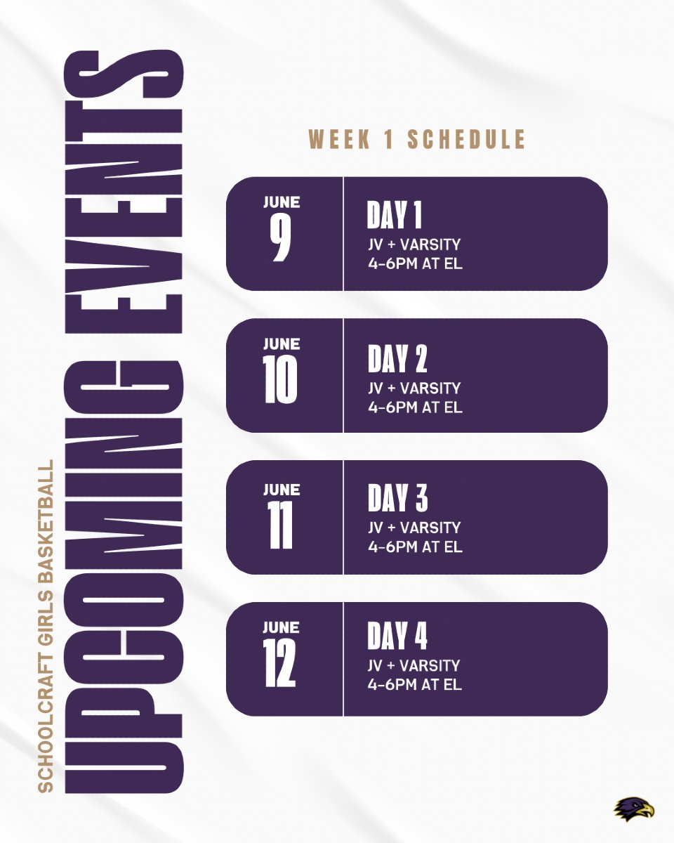 Summer Ball starts TOMORROW! 💪☀️

Here’s the schedule for Week One — let’s kick things off strong and set the tone for a great summer.

Can’t wait to get started! 🏀💛 

#SummerBall #EaglePride #OffSeasonWork