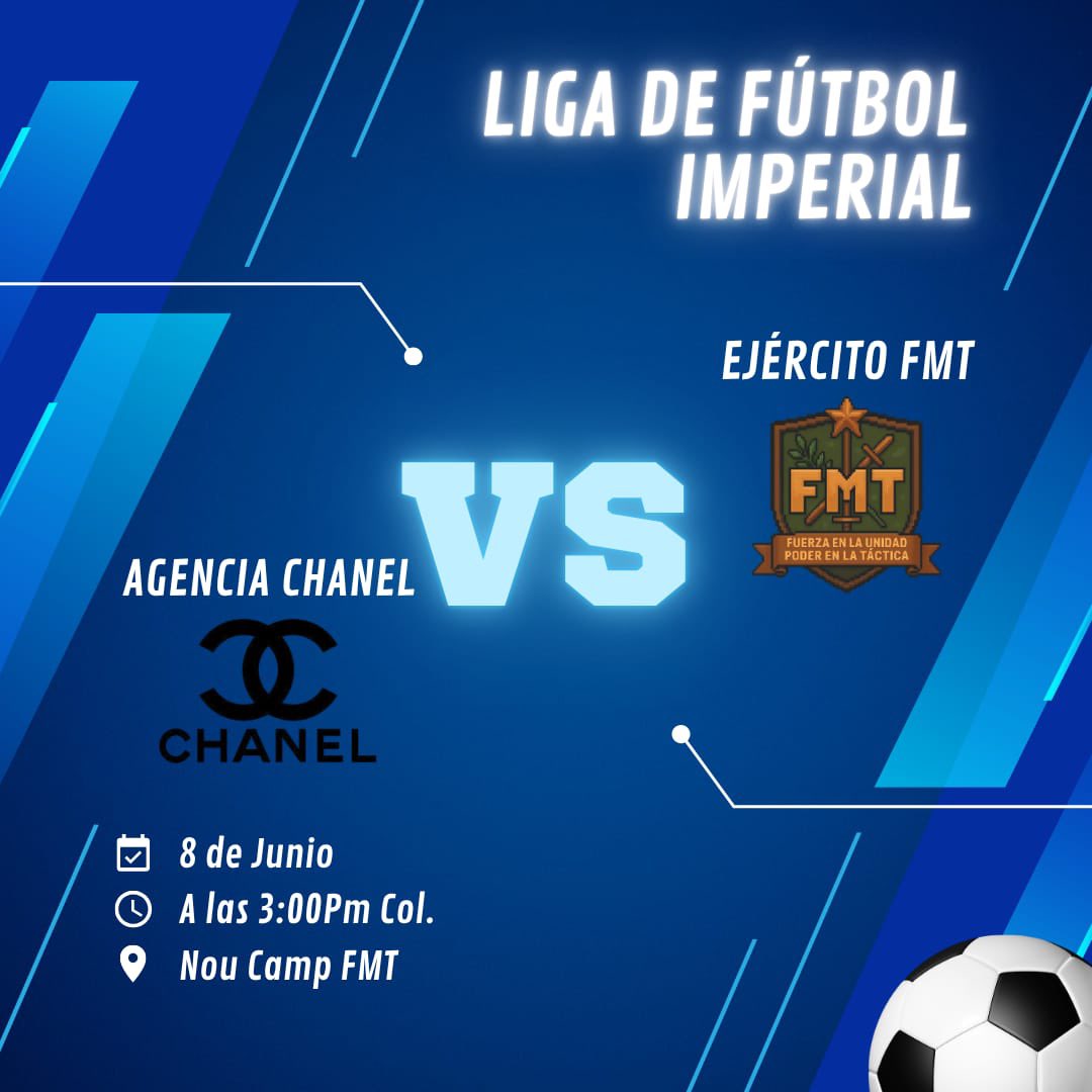RadioBoomHB (@radioboomes) on Twitter photo ⚽️ Esta tarde no te puedes perder el partido de futbol ⚽️ entre <a href="/AgenciaChanelES/">Agencia Chanel</a> Chanel vs <a href="/EjercitoFMThb/">Ejército FMT</a> FMT ⚽️ de la liga Imperial ⚜️<a href="/ColombiaImperio/">IMPERIO≈COLOMBIA</a>
Hora: 4:30 pm 🇨🇴
Sala: -=Juampi=-10
Radio: RadioBoomHb 🎶
Narración: Dj Tambo 🎙️
Grabación: Kingsman 🎥 ⚽️ Esta tarde no te puedes perder el partido de futbol ⚽️ entre <a href="/AgenciaChanelES/">Agencia Chanel</a> Chanel vs <a href="/EjercitoFMThb/">Ejército FMT</a> FMT ⚽️ de la liga Imperial ⚜️<a href="/ColombiaImperio/">IMPERIO≈COLOMBIA</a>
Hora: 4:30 pm 🇨🇴
Sala: -=Juampi=-10
Radio: RadioBoomHb 🎶
Narración: Dj Tambo 🎙️
Grabación: Kingsman 🎥