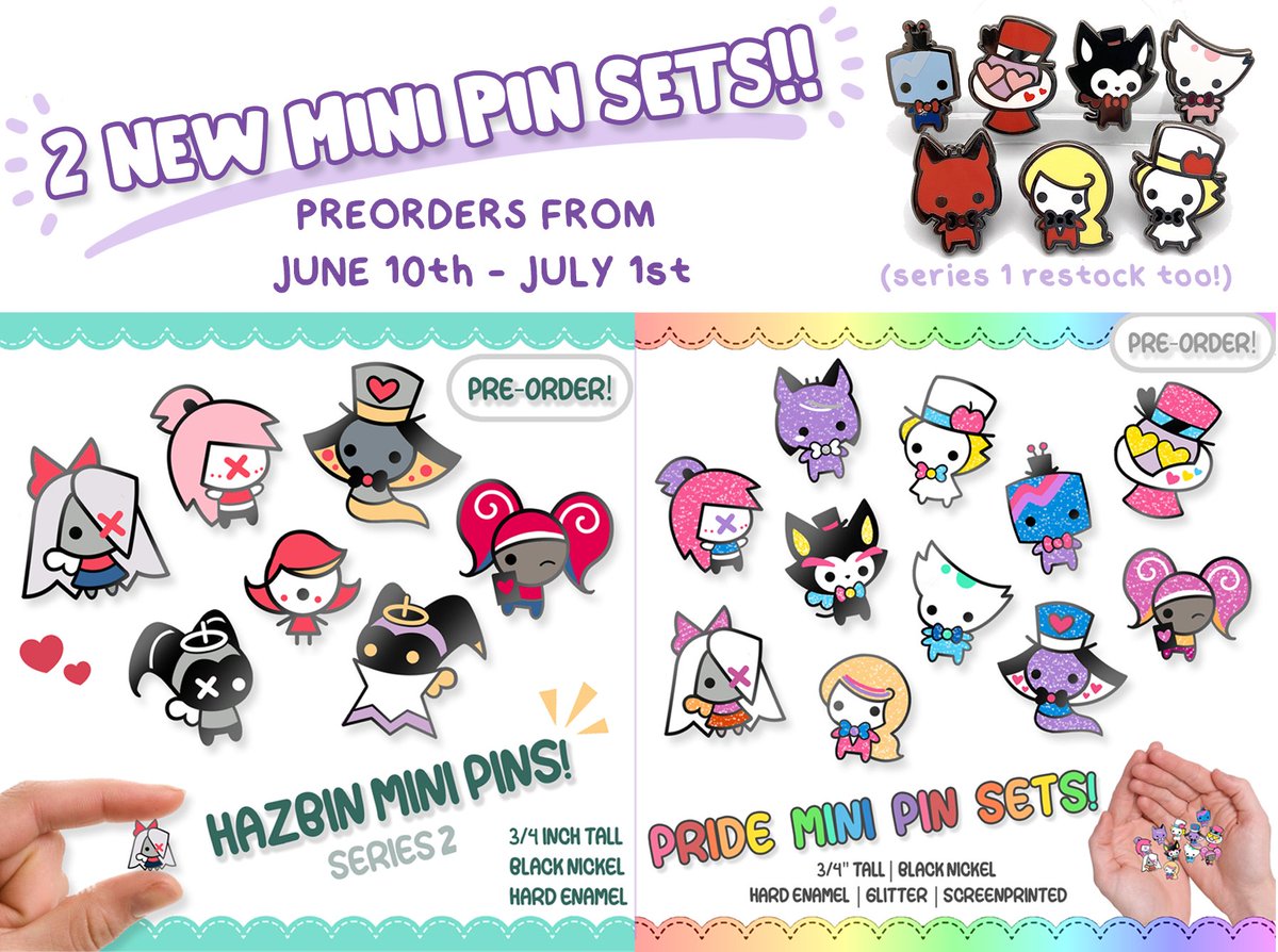 Suddenly dropping two at once-- catch!! 🫴 💕 Series 2 of the Hazbin Mini Pins AND the super glittery pride sets will open for preorders on June 10th! 
❤️🧡💛💚💙💜
#hazbinhotel #hazbinhotelfanart