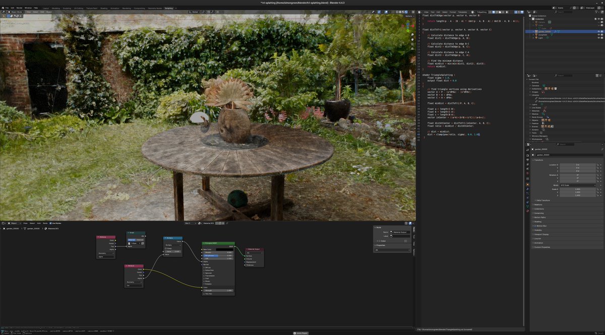 One of the things I like about triangle splatting is that compared to Gaussians it's pretty easy to get running in other engines - here's a scene displayed in Blender using Cycles. I wrote a script to export in PLY format:
github.com/simesgreen/tri…