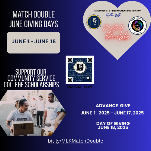 MLKMarch's tweet image. Big News! The MLK Diversity-Engagement Foundation is participating in AACA MATCH DOUBLE - June Giving Days. This means any donation made at the link at the bottom of the email between now and June 18 will be doubled!

To make your donation go here: givebutter.com/.../mlkdiversi…