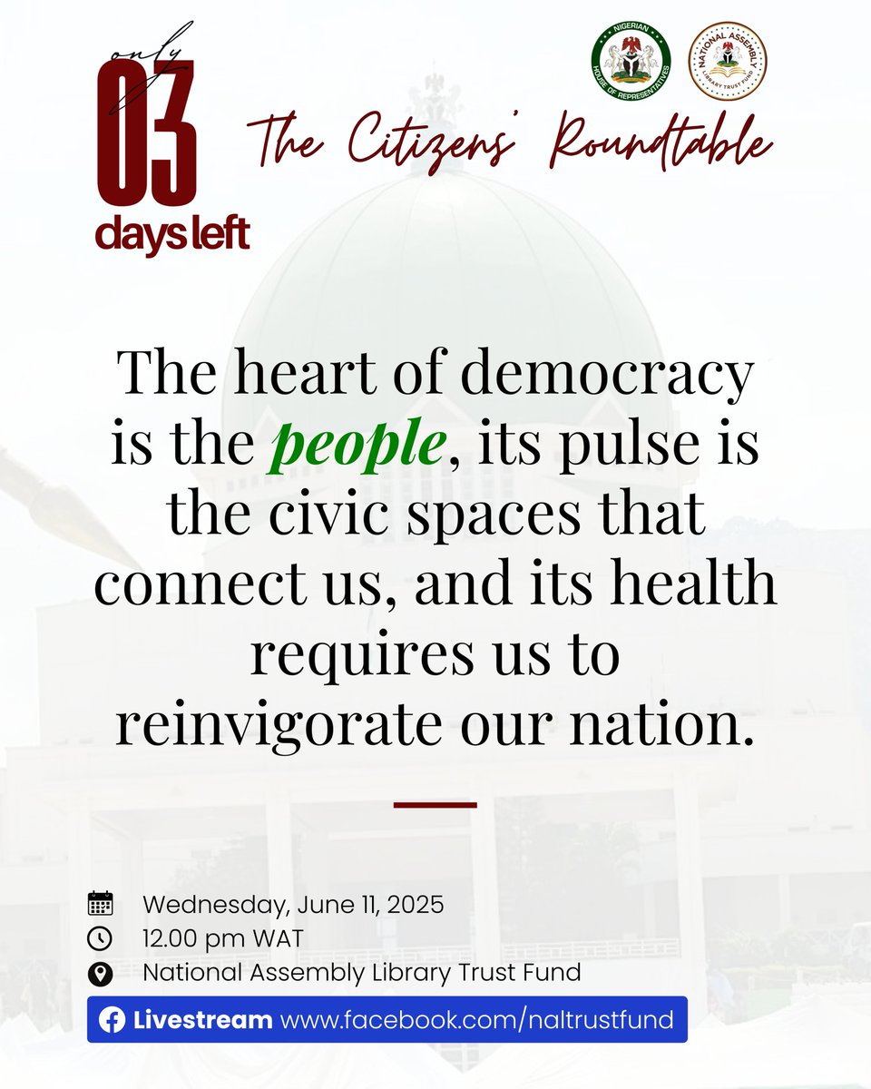 naltf_ng's tweet photo. Democracy thrives when citizens do more than vote—when they engage, question, and contribute.
Join us at The Citizen’s Roundtable for an opportunity to connect directly with lawmakers, share your perspective, and shape the democratic process.
#CitizensRoundtable #NALTF #NASS https://t.co/bu5H7v8EmI