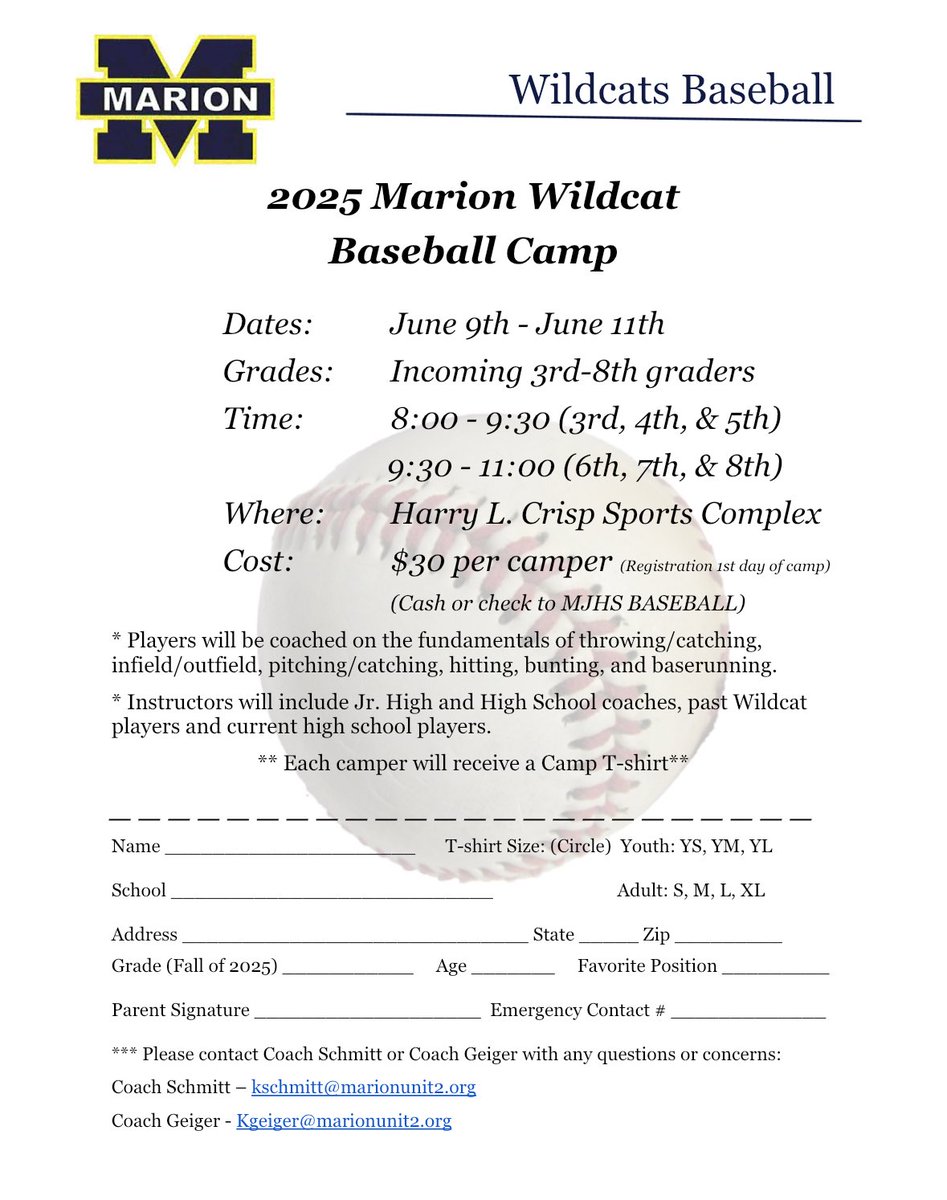 Marion Wildcats Baseball (@wildcats_bsbl) on Twitter photo 🚨 Location change for day 1 of camp 🚨
Day 1 will now be at Marion High School football field on the turf. Come ready to learn and have some fun! #GoCats <a href="/MarionWildcats/">MHS Athletics</a> <a href="/KyleSchmitt13/">Schmitty</a> <a href="/Geiger15/">Kyle Geiger</a> 🚨 Location change for day 1 of camp 🚨
Day 1 will now be at Marion High School football field on the turf. Come ready to learn and have some fun! #GoCats <a href="/MarionWildcats/">MHS Athletics</a> <a href="/KyleSchmitt13/">Schmitty</a> <a href="/Geiger15/">Kyle Geiger</a>