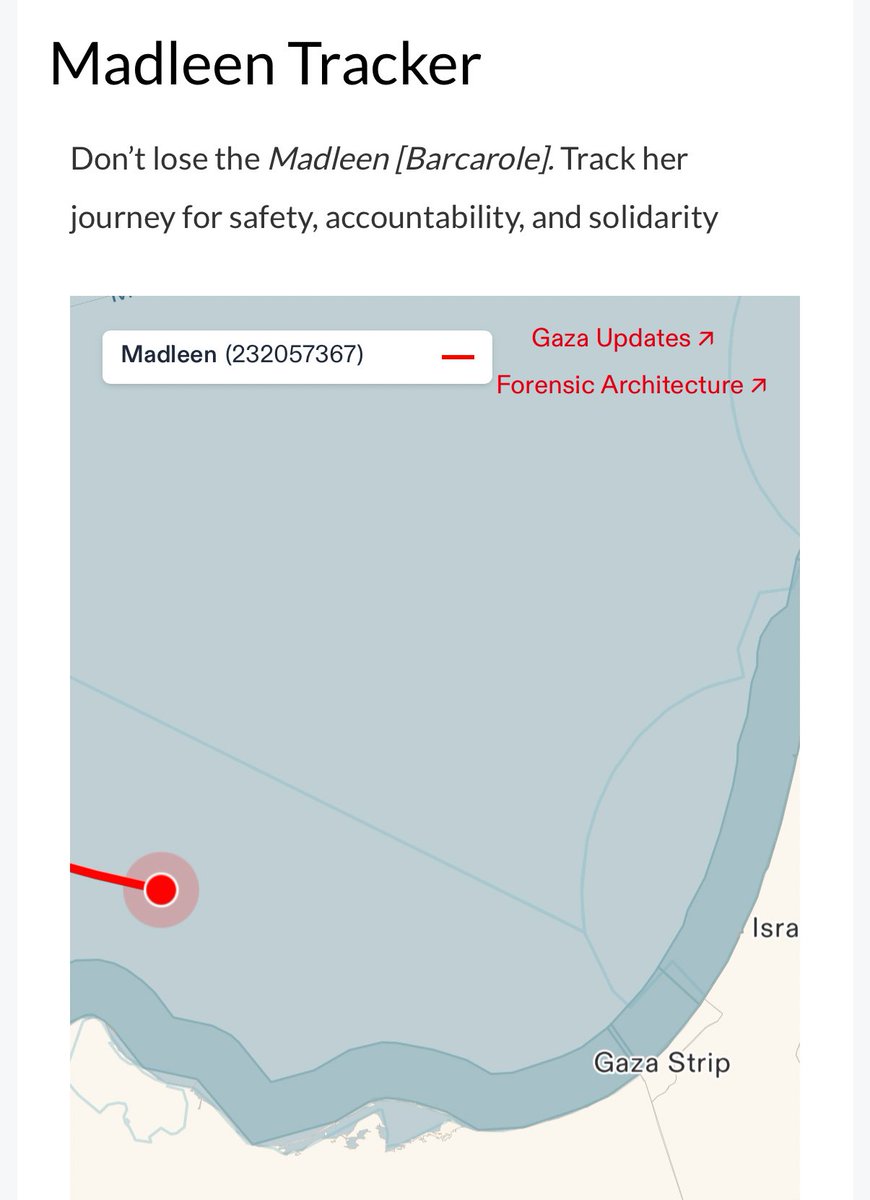Philip Proudfoot (@philipproudfoot) on Twitter photo The Madleen will arrive in Gaza within hours
Israeli cabinet members have made their violent intentions very clear
If anyone is harmed, then the responsibility lies with silent and complicity Western government. And especially <a href="/FCDOGovUK/">Foreign, Commonwealth & Development Office</a>: it is a UK flagged vessel. The Madleen will arrive in Gaza within hours
Israeli cabinet members have made their violent intentions very clear
If anyone is harmed, then the responsibility lies with silent and complicity Western government. And especially <a href="/FCDOGovUK/">Foreign, Commonwealth & Development Office</a>: it is a UK flagged vessel.