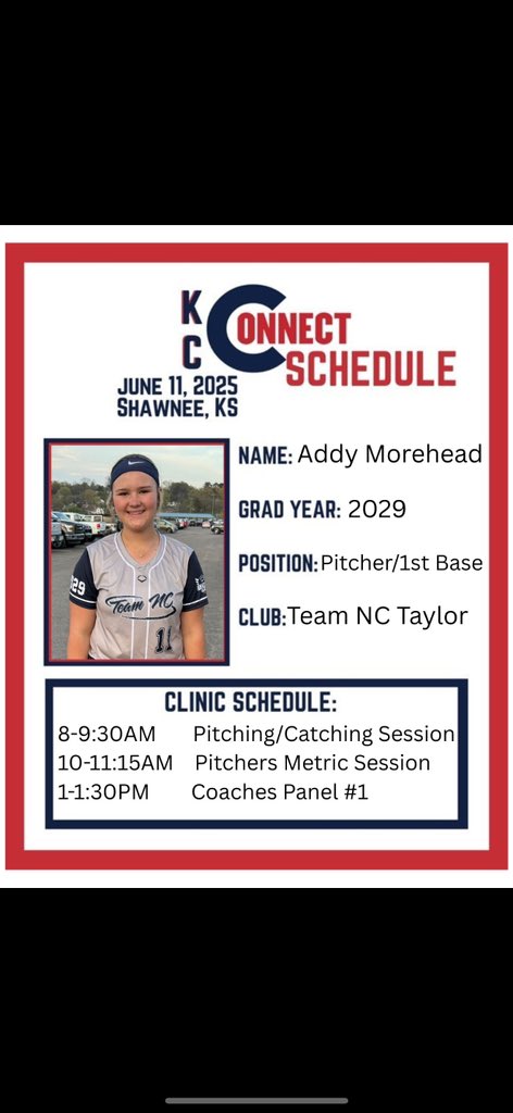 AddyMorehead's tweet photo. Counting down the days until softball camp at @ConnectSports_ Connect KC! 🥎💥
Pumped to learn from the best and take my game to the next level 💪
📅 Session schedule is below 👇
Let’s grind, grow, and have some fun! See you there! 👋 #SoftballCamp #ConnectKC #GameReady https://t.co/ybp2Z1GNCR