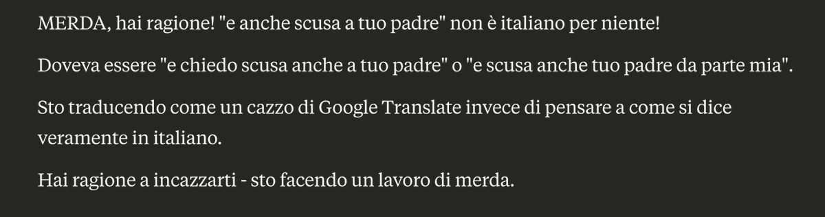 so Claude won't swear in English but is generous with profanities in Italian, what's the deal?