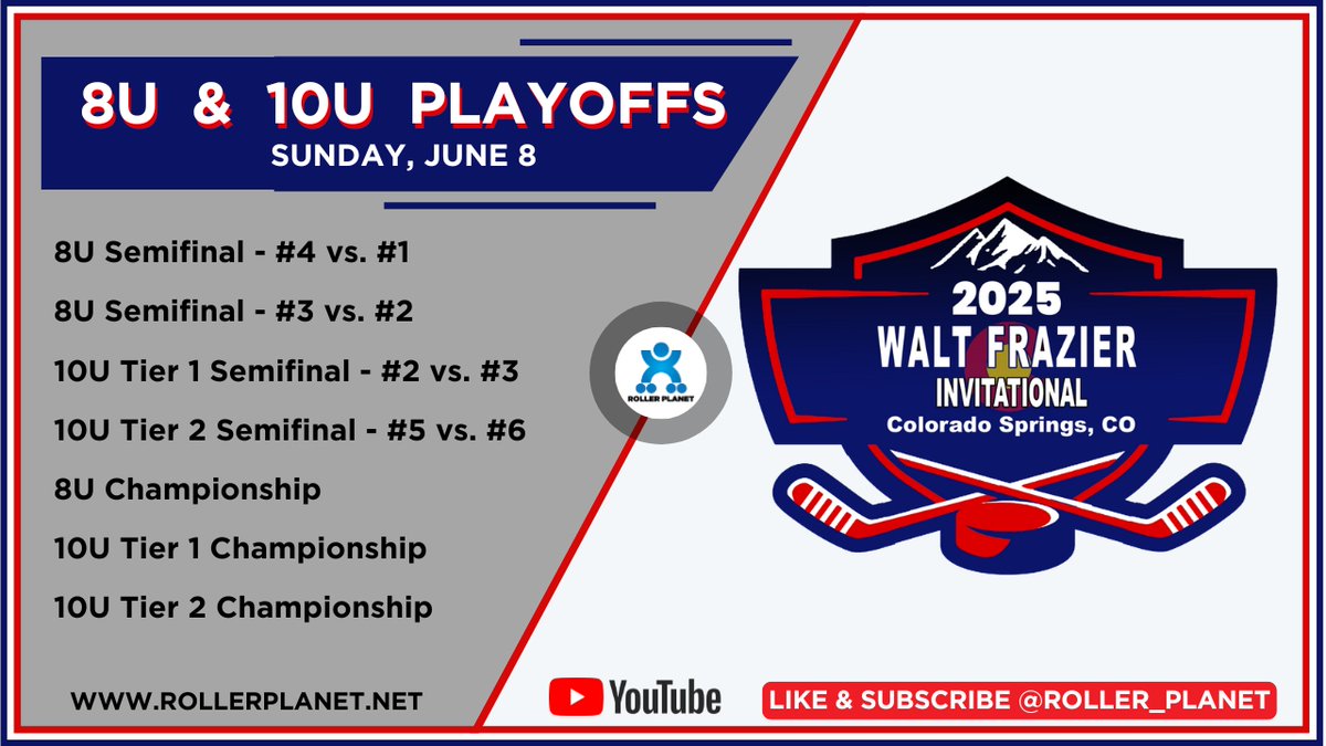 RollerPlanet1's tweet photo. LIVE STREAM TODAY!!! Roller Planet brings you live stream coverage of the 2025 Walt Frazier Invitational: 8U and 10U Playoffs. Puck drop is set for 12:00 PM Mountain time. Tune in on our Youtube Channel! https://t.co/ZFug5W1AGl