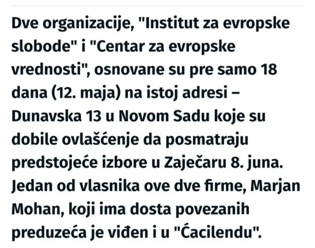 SNS posmatrači izbora. Osnovani u Novom Sadu na istoj adresi.

Marian Mohan. Imamo info da iza osnivanja ovih falsifikata stoji ministar za EU integracije, Nemanja Starović i Centar za društvenu stabilnost.