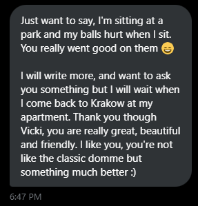 A message from my fan after a ballbusting session.
When a session stays with you… even on a park bench💥😁