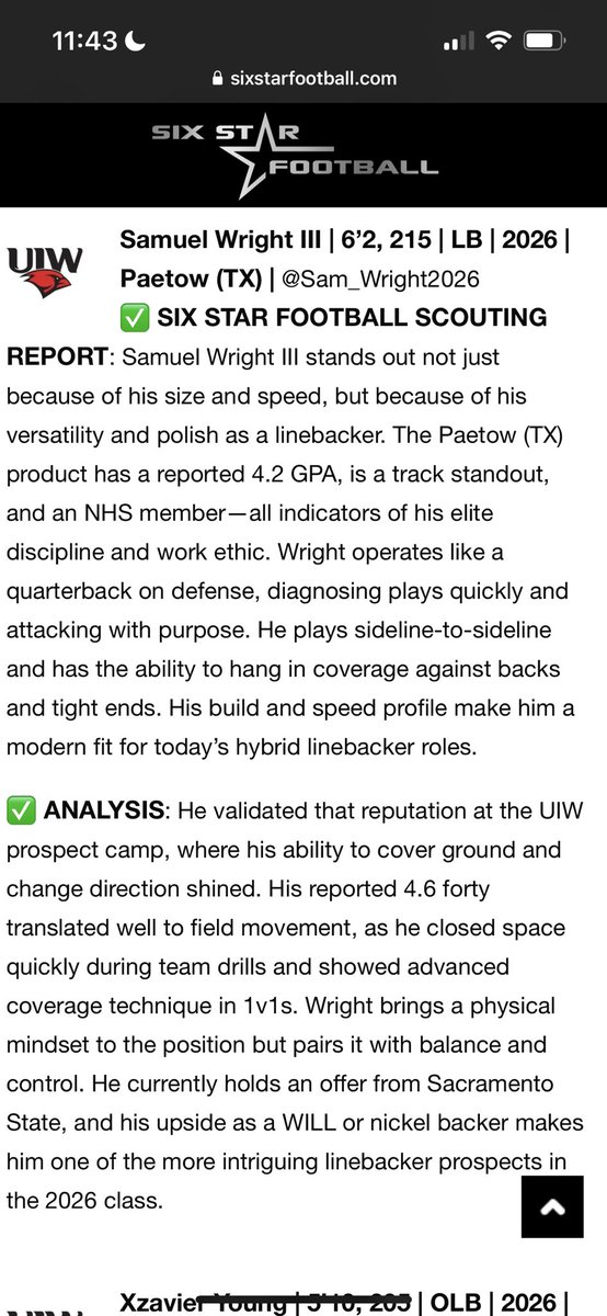 Samuel Wright III (@sam_wright2026) on Twitter photo Thank you for the report and analysis! <a href="/sixstarfootball/">Six Star Football | PLUS+</a> <a href="/PaetowFootball/">Paetow Football</a> <a href="/UIWFootball/">UIW Football</a> Thank you for the report and analysis! <a href="/sixstarfootball/">Six Star Football | PLUS+</a> <a href="/PaetowFootball/">Paetow Football</a> <a href="/UIWFootball/">UIW Football</a>