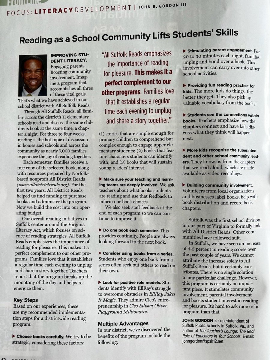 Dr. John B. Gordon III (@drjbg3) on Twitter photo Thank you <a href="/AASAHQ/">AASA</a> for featuring my article on All District Reads in the magazine's June edition. The partnership with All District Reads and <a href="/SufVAschools/">Suffolk Public Schools</a> reinforces reading for pleasure, community engagement and family time!
Look: 👀
pageturnpro.com/AASA/112471-Ju…
#SPSCreatesAchievers Thank you <a href="/AASAHQ/">AASA</a> for featuring my article on All District Reads in the magazine's June edition. The partnership with All District Reads and <a href="/SufVAschools/">Suffolk Public Schools</a> reinforces reading for pleasure, community engagement and family time!
Look: 👀
pageturnpro.com/AASA/112471-Ju…
#SPSCreatesAchievers