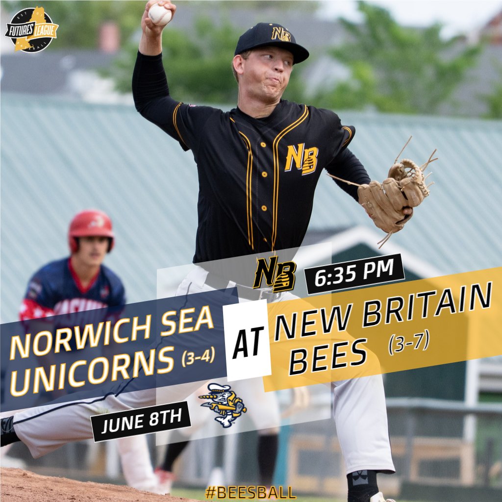New Britain Bees (@newbritainbees) on Twitter photo ⚾️GAMEDAY⚾️
Closing the weekend with our first game this season against in-state foe Norwich!
🆚: <a href="/goseaunicorns/">Norwich Sea Unicorns</a>
⏰: 6:35 PM
🏟️: New Britain Stadium
📺: fcblnetwork.com
📈: bit.ly/3Slld8l
#GoBees | #FuturesLeague ⚾️GAMEDAY⚾️
Closing the weekend with our first game this season against in-state foe Norwich!
🆚: <a href="/goseaunicorns/">Norwich Sea Unicorns</a>
⏰: 6:35 PM
🏟️: New Britain Stadium
📺: fcblnetwork.com
📈: bit.ly/3Slld8l
#GoBees | #FuturesLeague