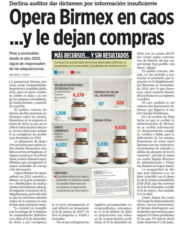 Juan_OrtizMX's tweet photo. 🗳📌 BIRMEX: SIN CONTROL, SIN CUENTAS Y CON EL CAOS COMO MÉTODO

La nueva administradora de medicinas del país, Birmex, opera en un desorden total. 

Y aún así… le dejaron todas las compras del sistema de salud. 

Y... justo en medio de la escasez de medicamentos y protestas del personal médico.

@Reforma revela que la empresa pública arrastra desde 2023 graves irregularidades financieras y contables. 

El auditor externo se negó a dar un dictamen porque simplemente… no tiene ni la información básica. 

Ni balanza de comprobación, ni cierre presupuestal, ni registros. Nada.

Y ojo: eso no es todo. 

El desastre también incluye la Megafarmacia del Bienestar, proyecto estrella de AMLO. 

Nadie sabe qué hay ahí adentro. El auditor ni siquiera fue invitado al inventario.

¿Y quién le heredó esa bomba de tiempo a Sheinbaum? 

Pues sí: López Obrador fue quien en 2023 ordenó que Birmex fuera la compradora y distribuidora nacional de medicamentos.

El caos lo confirmaron los nuevos funcionarios de Sheinbaum. 

Dijeron que recibieron Birmex sin documentos, sin registros y sin control de inventarios. 

Parece que seguiremos con el problema de medicamento otro rato.