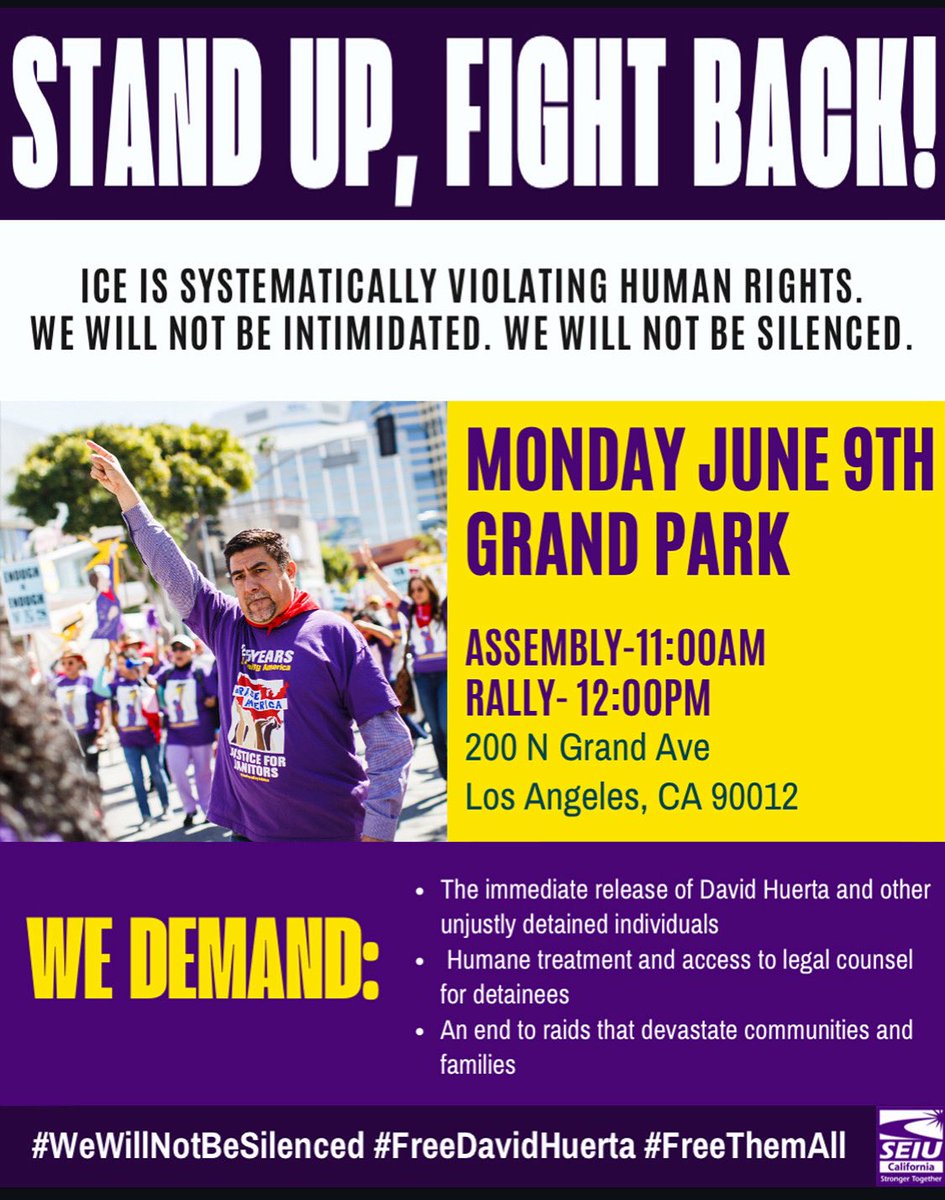 WGAWest's tweet photo. Collective action is a right. Protest is a right.

David Huerta, SEIU California President, was injured + detained for standing with workers.

The WGAW stands with him—and with all unions defending our rights. 

#FreeDavidHuerta #Solidarity #WGAStrong https://t.co/FbhdrOHQPY
