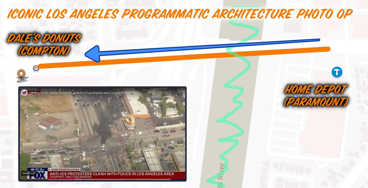 Yesterday, a small group of angry Angelenos and digital journalists responding to an apparent ICE action at a Home Depot were pushed across the Los Angeles River from the City of Paramount to Compton, to the iconic Dale's Donut shop.  

Q: Why did they end up here?