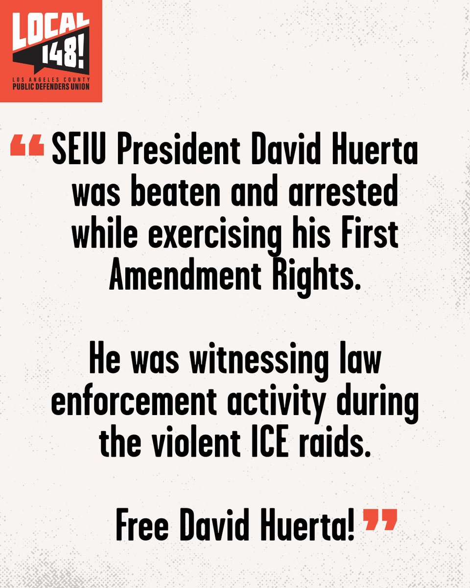 LApubdefunion's tweet image. David Huerta, president of @seiucalifornia, was beaten and arrested while exercising his First Amendment Rights. He was witnessing law enforcement activity during the violent ICE raids. #FreeDavidHuerta!
