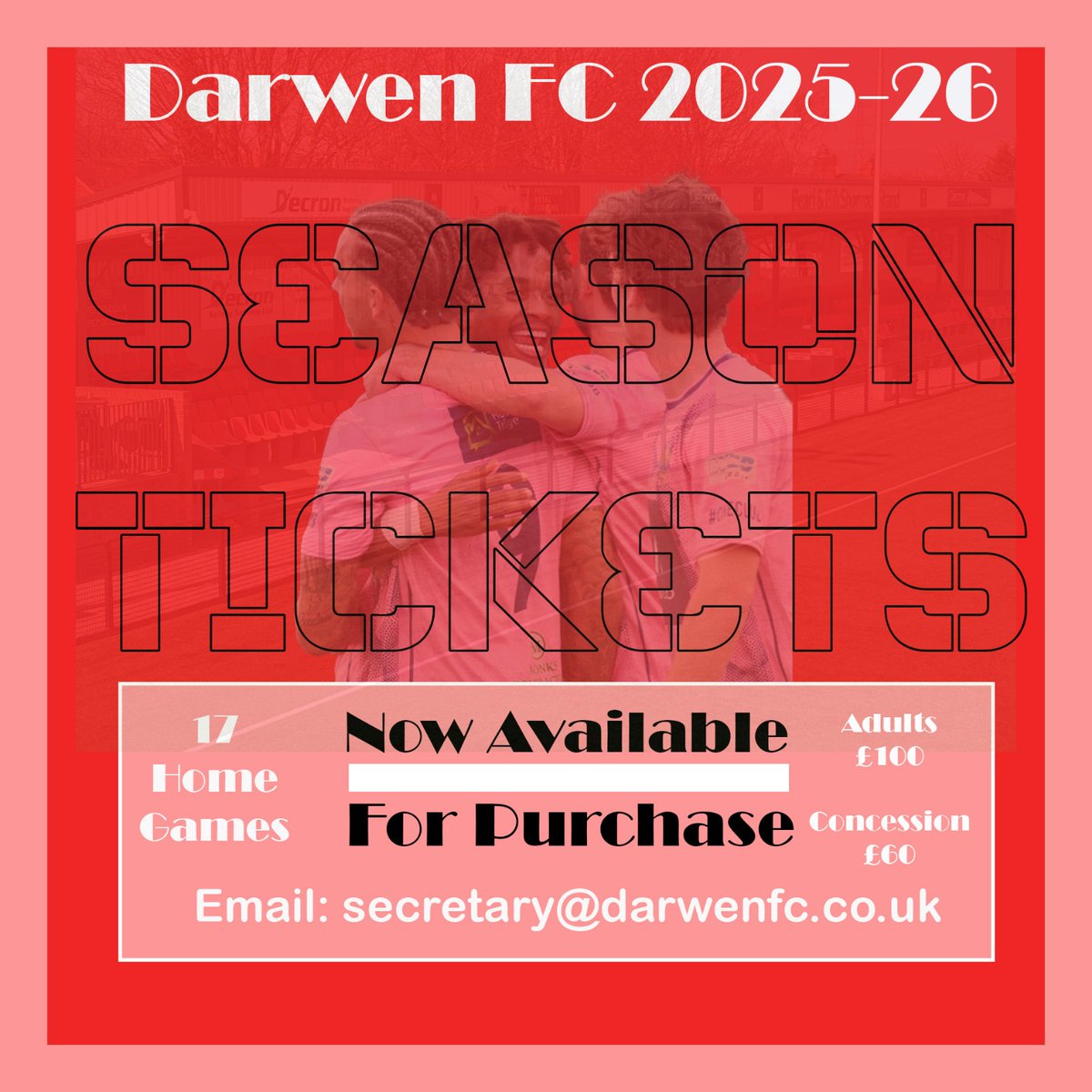 Darwen FC (@darwenfc) on Twitter photo ποΈ ICYMI - 25/26 Season Tickets
We can announce that our Season Tickets for what should be an exciting 25/26 campaign are now available to order!
Please email: secretary@darwenfc.co.uk to secure your place supporting the Salmoners next season!
#OneClub π¦πΉ ποΈ ICYMI - 25/26 Season Tickets
We can announce that our Season Tickets for what should be an exciting 25/26 campaign are now available to order!
Please email: secretary@darwenfc.co.uk to secure your place supporting the Salmoners next season!
#OneClub π¦πΉ