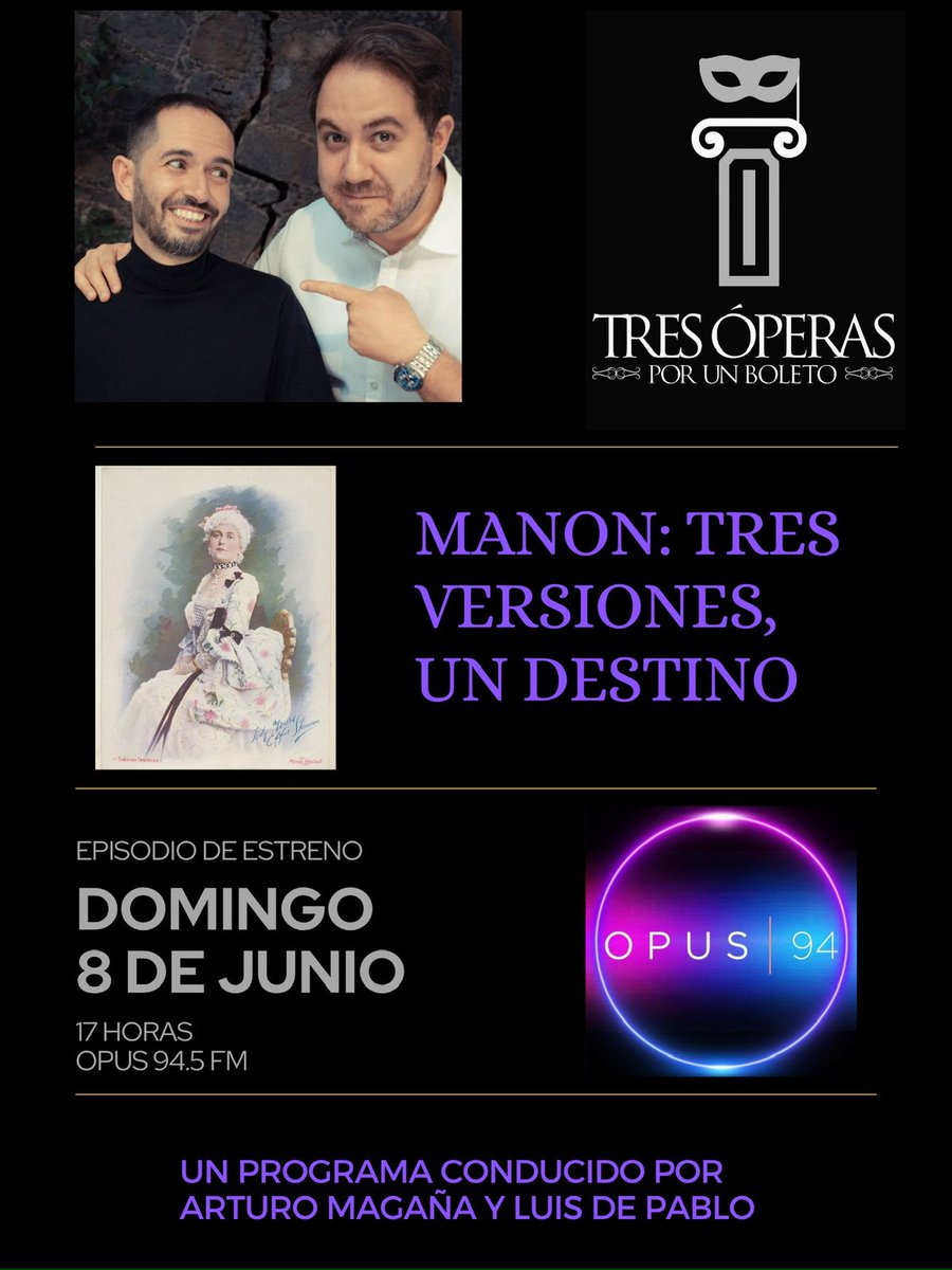 Jesús Moreno Durazo (@jmorenodurazo) on Twitter photo Hoy se estrena "Tres óperas por un boleto", conducido por <a href="/Duplancher/">Arturo M. Duplancher</a> y <a href="/LuisdePablo/">Luigi l’amoroso 🍉</a> en <a href="/Opus945fm/">Opus 94</a>. A las 16:00 horas, tiempo de Sonora.
Felicidades a Opus 94.5, emisora del IMER, que llega a su 39 aniversario. Los melómanos villamelones (@Gomezreyna dixit) ya estamos en espera. Hoy se estrena "Tres óperas por un boleto", conducido por <a href="/Duplancher/">Arturo M. Duplancher</a> y <a href="/LuisdePablo/">Luigi l’amoroso 🍉</a> en <a href="/Opus945fm/">Opus 94</a>. A las 16:00 horas, tiempo de Sonora.
Felicidades a Opus 94.5, emisora del IMER, que llega a su 39 aniversario. Los melómanos villamelones (@Gomezreyna dixit) ya estamos en espera.