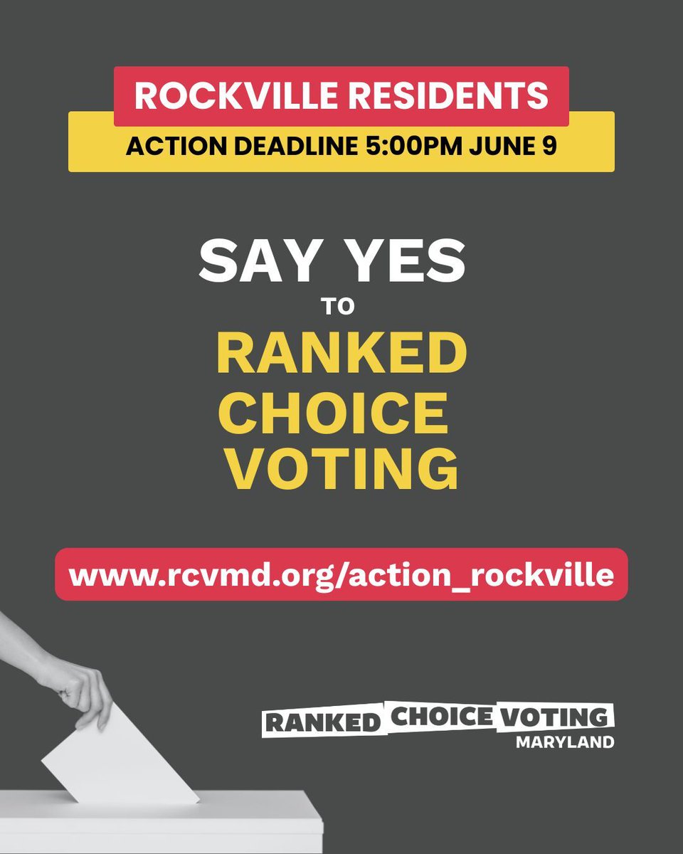 rcvformaryland's tweet image. ACTION: Residents call for #RankedChoiceVoting in Rockville by using our action tool: rcvmd.org/action_rockvil…
Rockville, this is your chance to ask the city to implement #RCV and other election reforms, like public campaign financing and voting rights for 16-17 year olds!