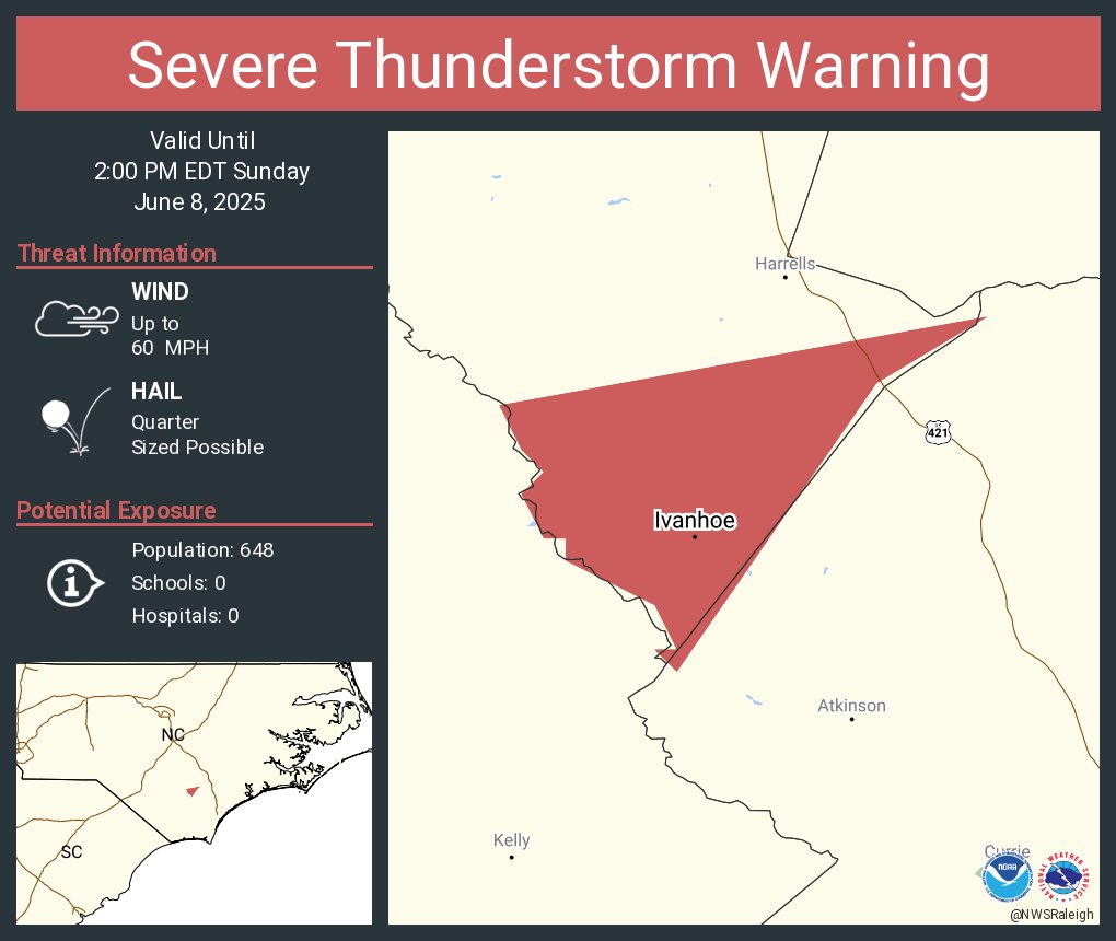 Severe Thunderstorm Warning continues for Ivanhoe NC until 2:00 PM EDT