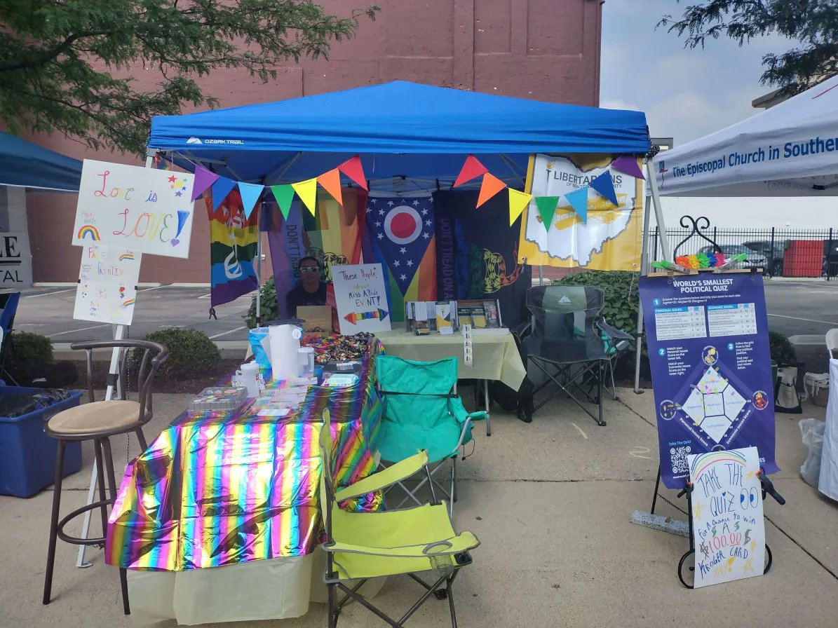Libertarian Party of Montgomery County chair Josh Umbaugh tabling at Dayton Pride 2025. Volunteers offer face painting, free Libertarian themed swag, literature, and a chance to win a $100 gift card by taking the World's Smallest Political Quiz.
<a href="/MCOhioLP/">Libertarians of Montgomery</a>