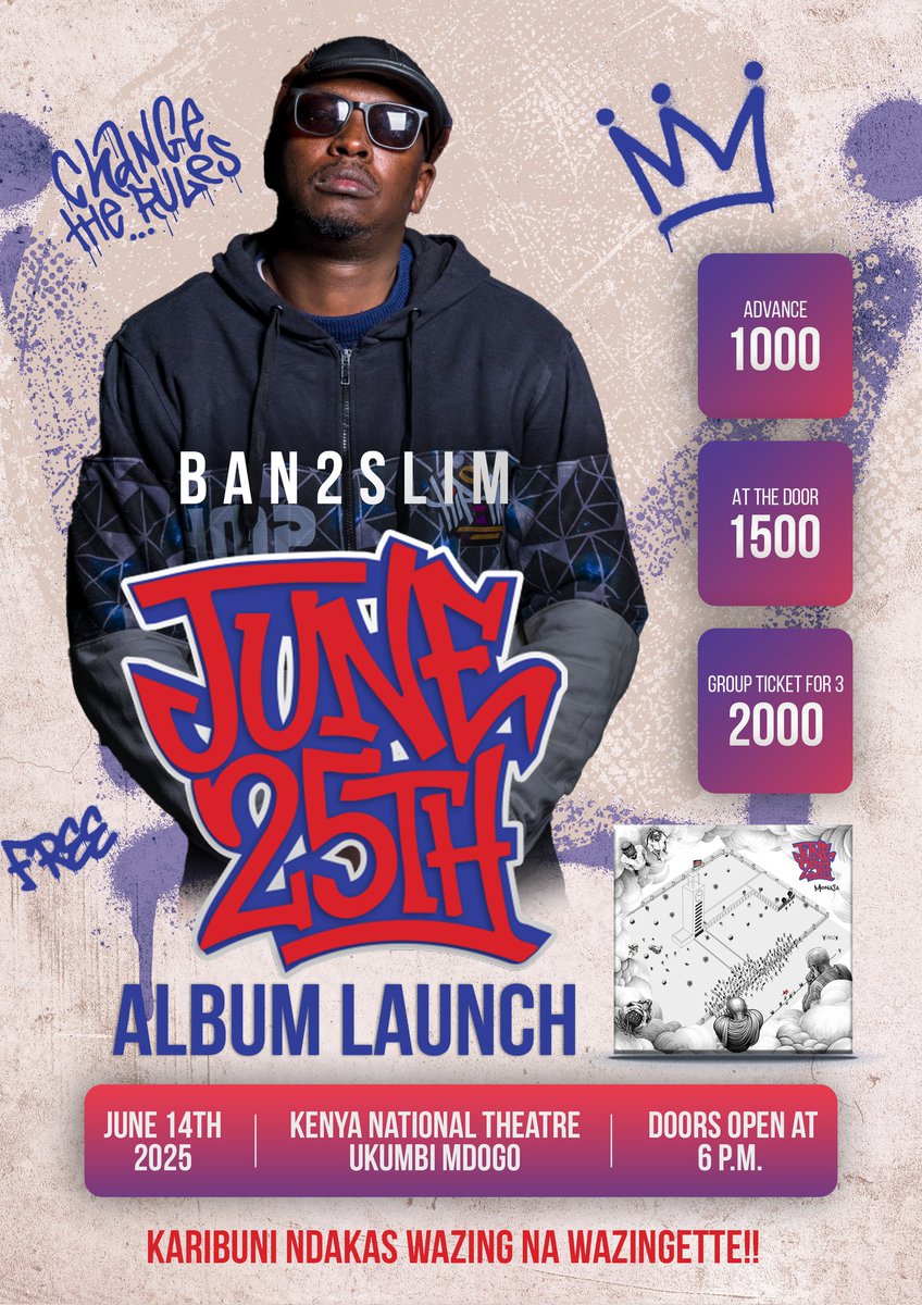 #June25th album launch! Introducing the emcee for the event <a href="/Ban2SLIM/">THE BANISHER</a>
You get to see him on stage on June 14th Kenya National Theatre, Ukumbi Mdogo. Poster Design by <a href="/langatelik/">Eli</a>
Get your advance/group tickets while you can
mookh.com/event/june-25t…
#Alafu #June25th 💪🏿Tuzidi kuzidi!