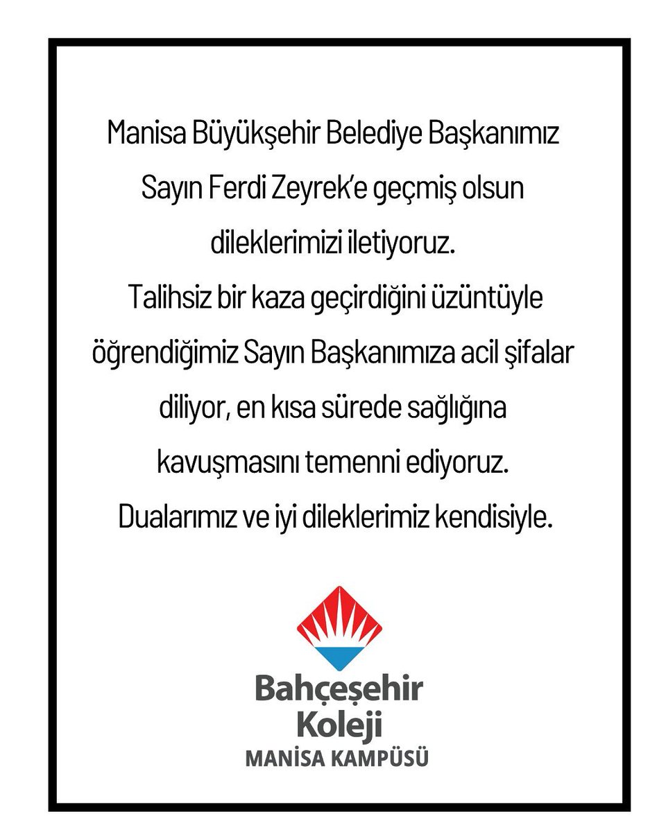 Manisa Büyükşehir Belediye Başkanımız Ferdi Zeyrek’e geçmiş olsun dileklerimizi iletiyor, acil şifalar diliyoruz. En kısa sürede sağlığına kavuşmasını temenni ederiz.
<a href="/koccozlem/">Dr.Özlem Koç</a> 
<a href="/fatlihann/">Fırat atlıhan</a> 
<a href="/ozgeeasln/">Özge ASLAN</a> 
<a href="/Savas_BOYAR/">Savaş BOYAR</a> 
<a href="/barisszgn/">Barış SEZGİN</a> 
<a href="/TugbaCrkgll/">Tuğba Çırakoğlu</a> 
<a href="/manisabsb/">Manisa Büyükşehir Belediyesi</a>