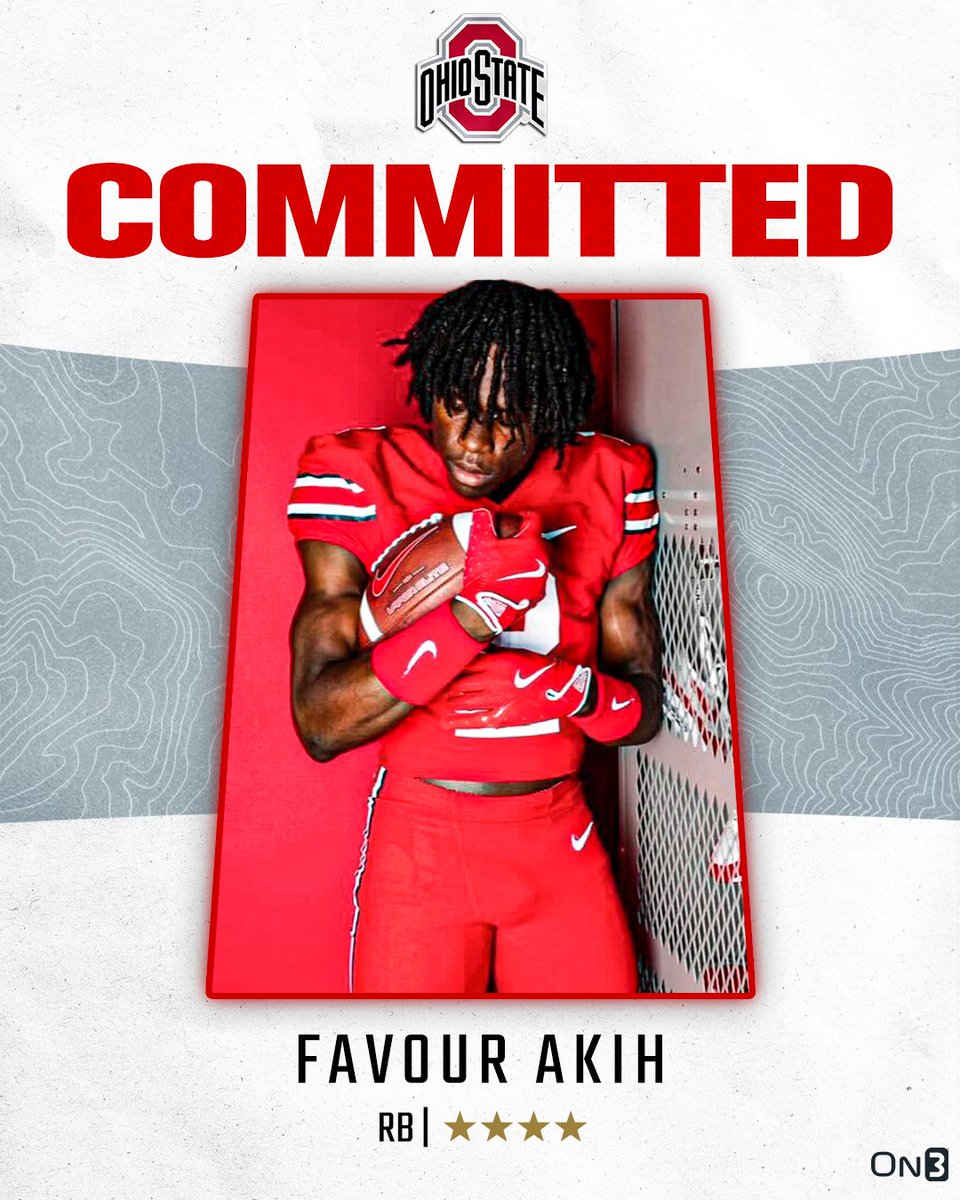 On3 Recruits (@on3recruits) on Twitter photo 🚨BREAKING🚨 4-star RB Favour Akih has committed to Ohio State🌰
More from <a href="/SWiltfong_/">Steve Wiltfong</a>: on3.com/news/ohio-stat… 🚨BREAKING🚨 4-star RB Favour Akih has committed to Ohio State🌰
More from <a href="/SWiltfong_/">Steve Wiltfong</a>: on3.com/news/ohio-stat…