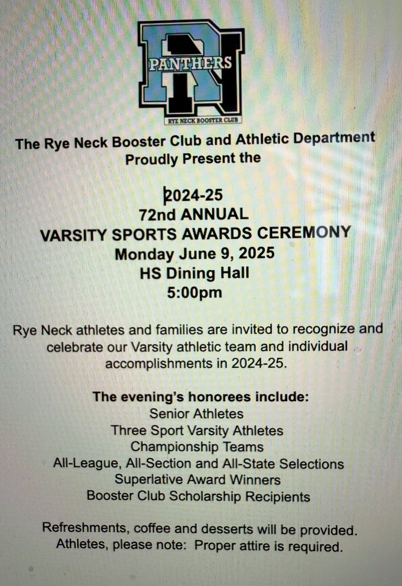 VARSITY SPORTS AWARDS CEREMONY TOMORROW! 5-6pm HS DINING HALL