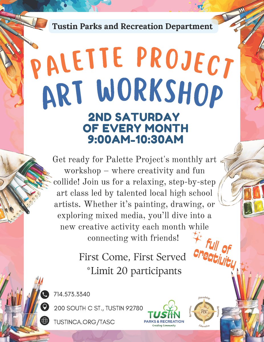 Join us on Saturday, June 14, for the Palette Project Art Workshop at the Senior Center from 9-10:30am!