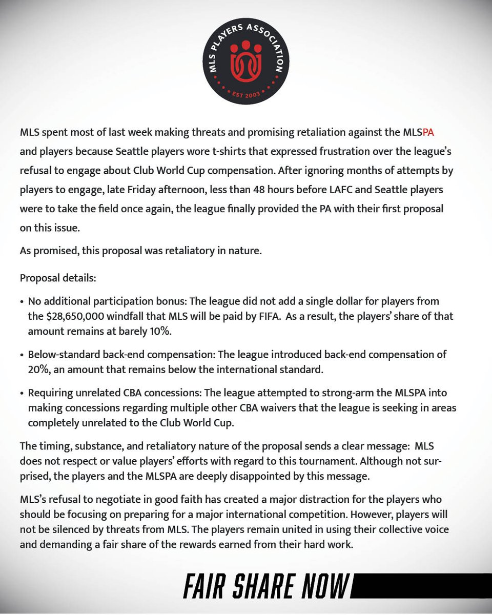 An update on Club World Cup Bonuses. 

MLS spent most of last week making threats and promising retaliation against the MLSPA and players because Seattle players wore t-shirts that expressed frustration over the league’s refusal to engage about Club World Cup compensation.

More
