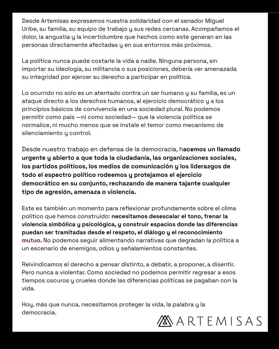 🚨 | La política no puede costarle la vida a nadie. Rechazamos el atentado contra el senado Miguel Uribe. Solidaridad con su familia, redes y entornos más próximos al congresista.