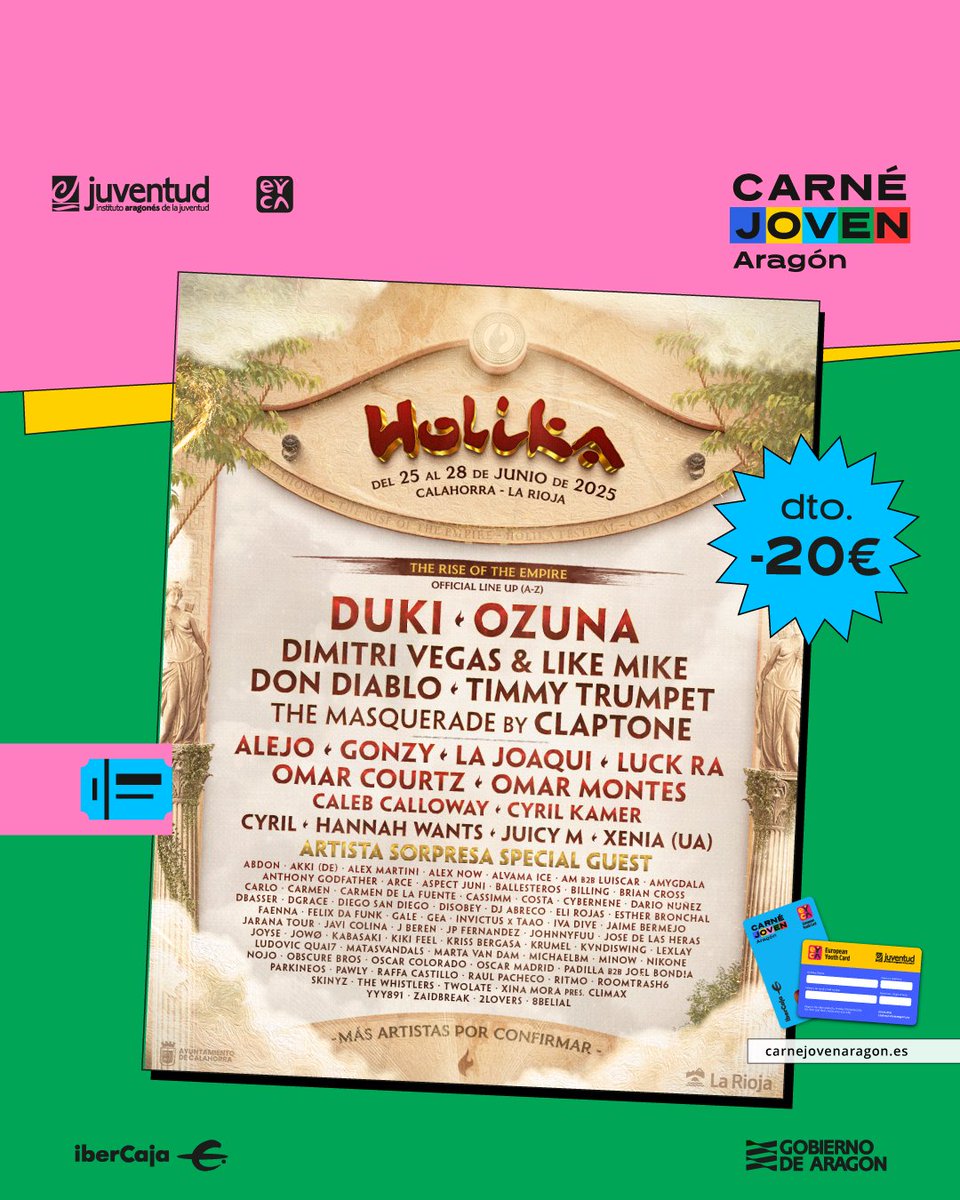 ¡20€ de descuento en tu entrada al Holika Festival 2025 con el Carné Joven! 💥
El 25-28 junio en Calahorra (La Rioja), +100 artistas de música urbana y electrónica 🎧 

👉Consigue tu descuento en nuestra web carnejovenaragon.es

#Holika2025 #CarnéJoven #promocionjoven