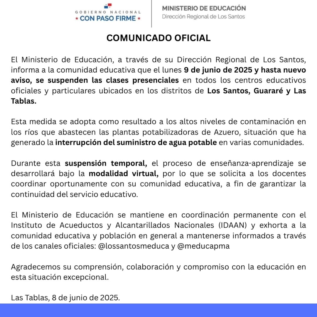 .<a href="/MeducaPma/">Ministerio de Educación de Panamá</a> suspende las clases presenciales en los centros educativos oficiales y particulares ubicados en la ciudad de Chitré cabecera y los corregimientos de Monagrillo y La Arena y de igual forma en los distritos de Los Santos, Guararé y Las Tablas.