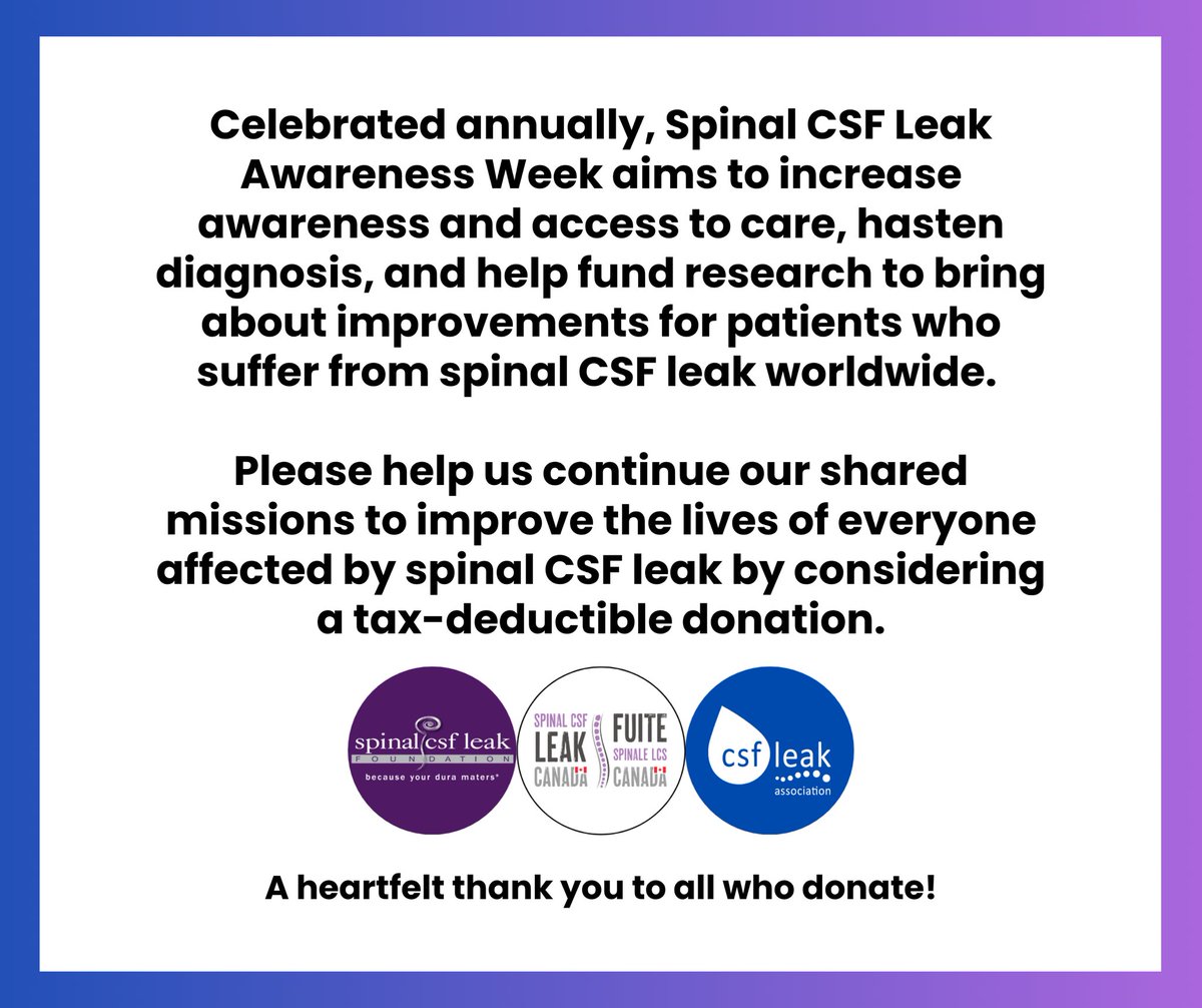 SpinalCSFCanada's tweet image. As we wrap up our #SpinalCSFLeakAwarenessWeek2025, we want to thank everyone who helped us raise awareness throughout the week. A big thank you as well to 🇬🇧@csfleakuk & 🇺🇸@spinalCSFleak for their collaboration.