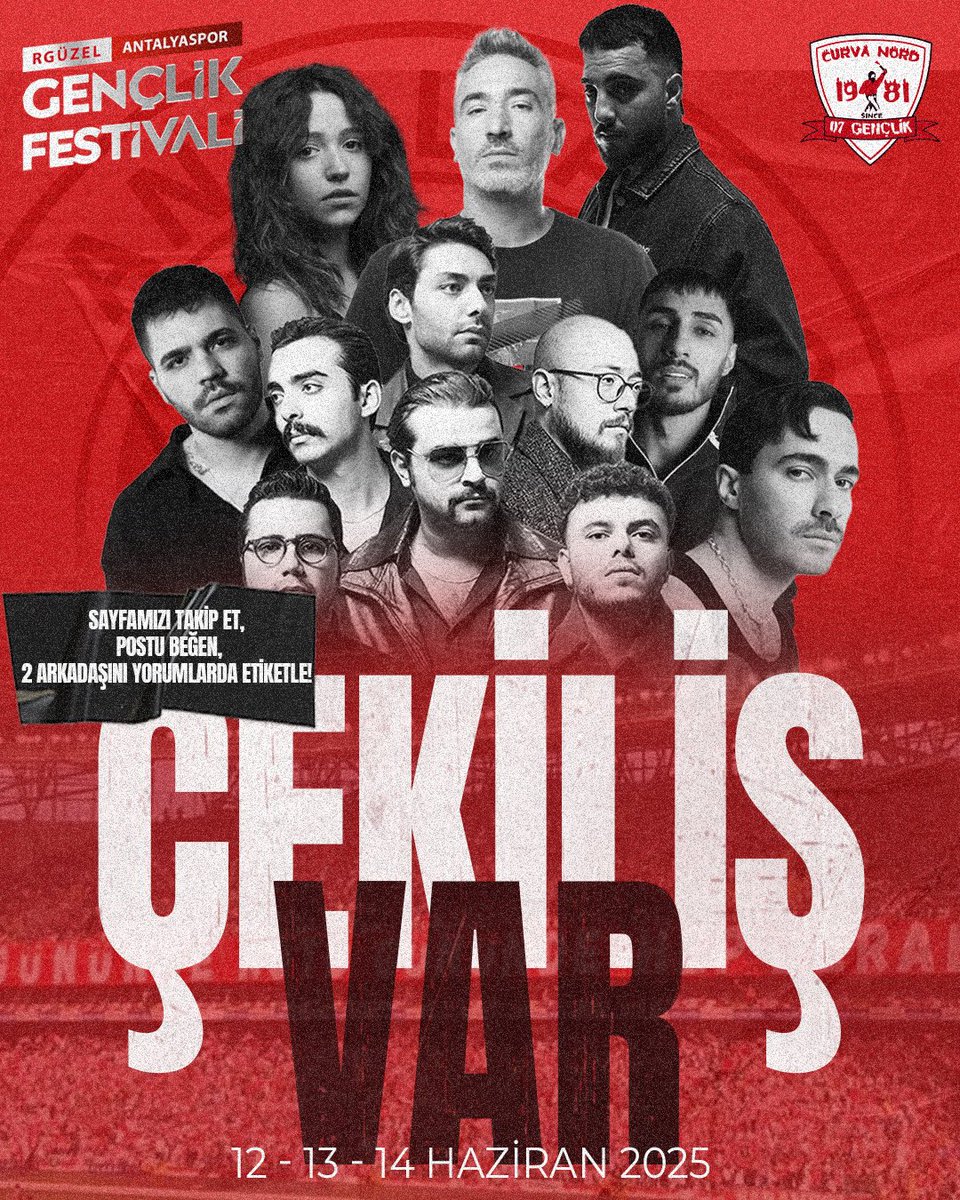 🎉 07 Gençlik’ten Taraftarlarımıza Müjde! 🎉
12-13-14 Haziran tarihlerinde gerçekleşecek RGüzel Antalyaspor Gençlik Festivali için, 10 şanslı taraftarımıza bilet hediye ediyoruz! 🔴⚪

Sen de bu büyük Antalyaspor coşkusunda yerini almak istiyorsan yapman gerekenler çok basit:

1️⃣