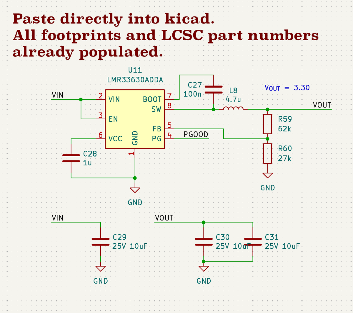I substantially improved my kicad buck converter generator. It now also searches over parallel resistors for the feedback divider, and has way more features and warnings about potentially dubious configurations. As always, just hit "copy to clipboard" then paste right into kicad!