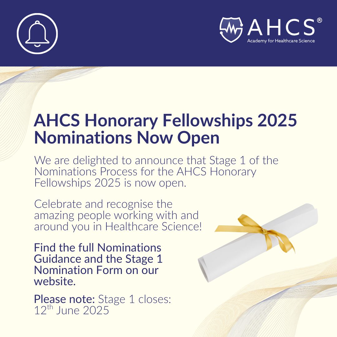 BHRS (@bhrsociety) on Twitter photo There is not long left to submit your nominations for Stage 1 of the Nominations process for the <a href="/ahcsuk/">Academy for Healthcare Science</a> Honorary Fellowships 2025! Stage 1 will remain open until 12th of June 2025.
More details & nomination form 👉 ahcs.ac.uk/ahcs-honorary-… There is not long left to submit your nominations for Stage 1 of the Nominations process for the <a href="/ahcsuk/">Academy for Healthcare Science</a> Honorary Fellowships 2025! Stage 1 will remain open until 12th of June 2025.
More details & nomination form 👉 ahcs.ac.uk/ahcs-honorary-…