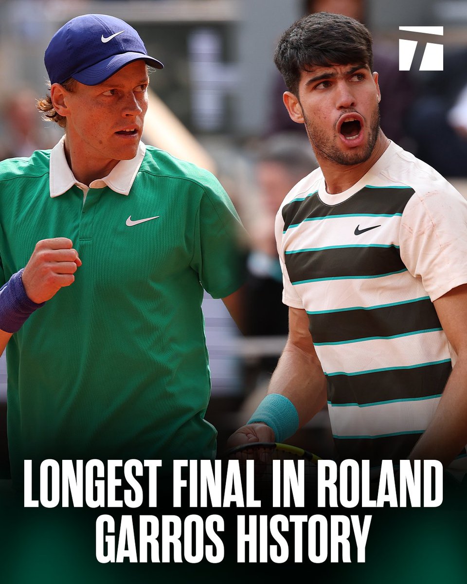 TennisChannel's tweet image. HISTORIC 😱 ⏳ 

Sinner vs. Alcaraz has passed the previous record of 4h42m from the 1982 men&apos;s final.

#RolandGarros