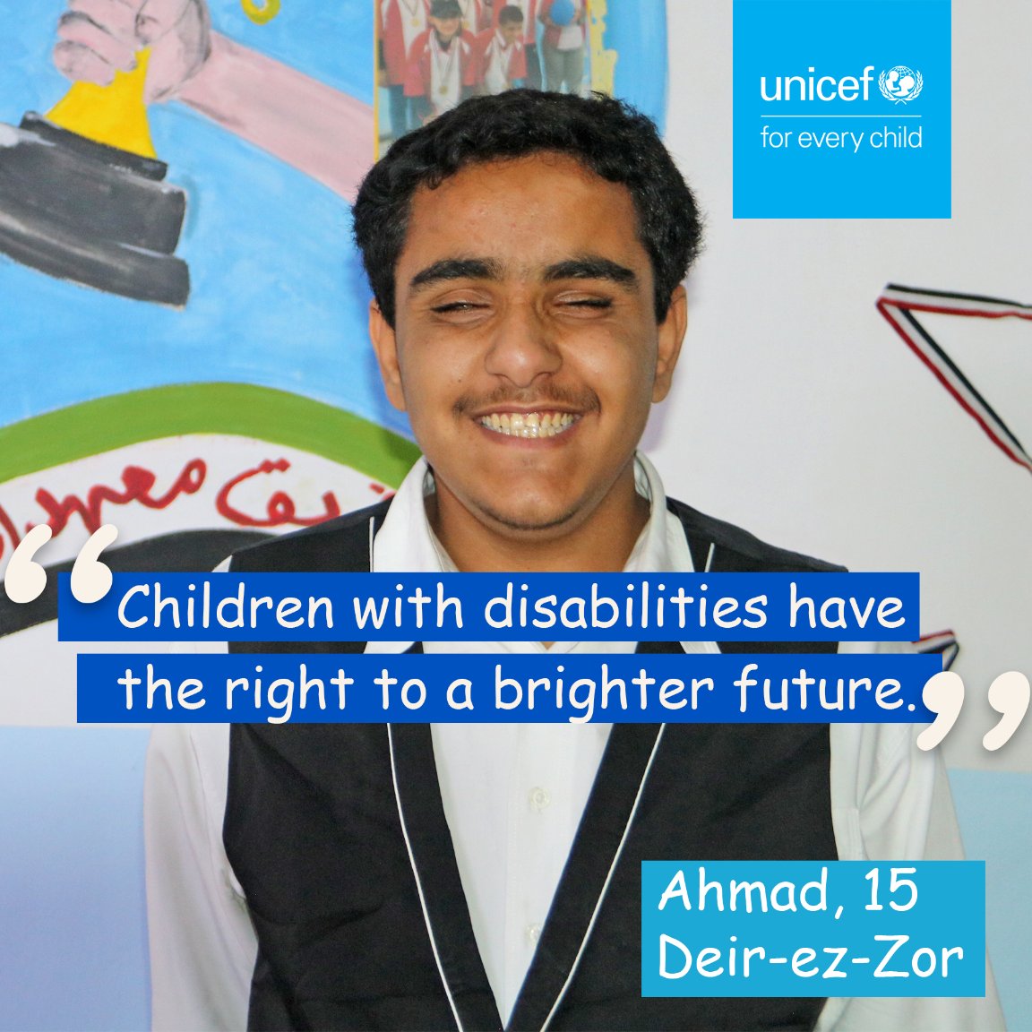 “Children with disabilities have the right to a brighter future,” says Ahmad, 15, from Deir-ez-Zor.
As #Syria turns a new page, #hope is rising for all children—especially those with disabilities.
#UNICEF is working to build a more inclusive future #ForEveryChild.