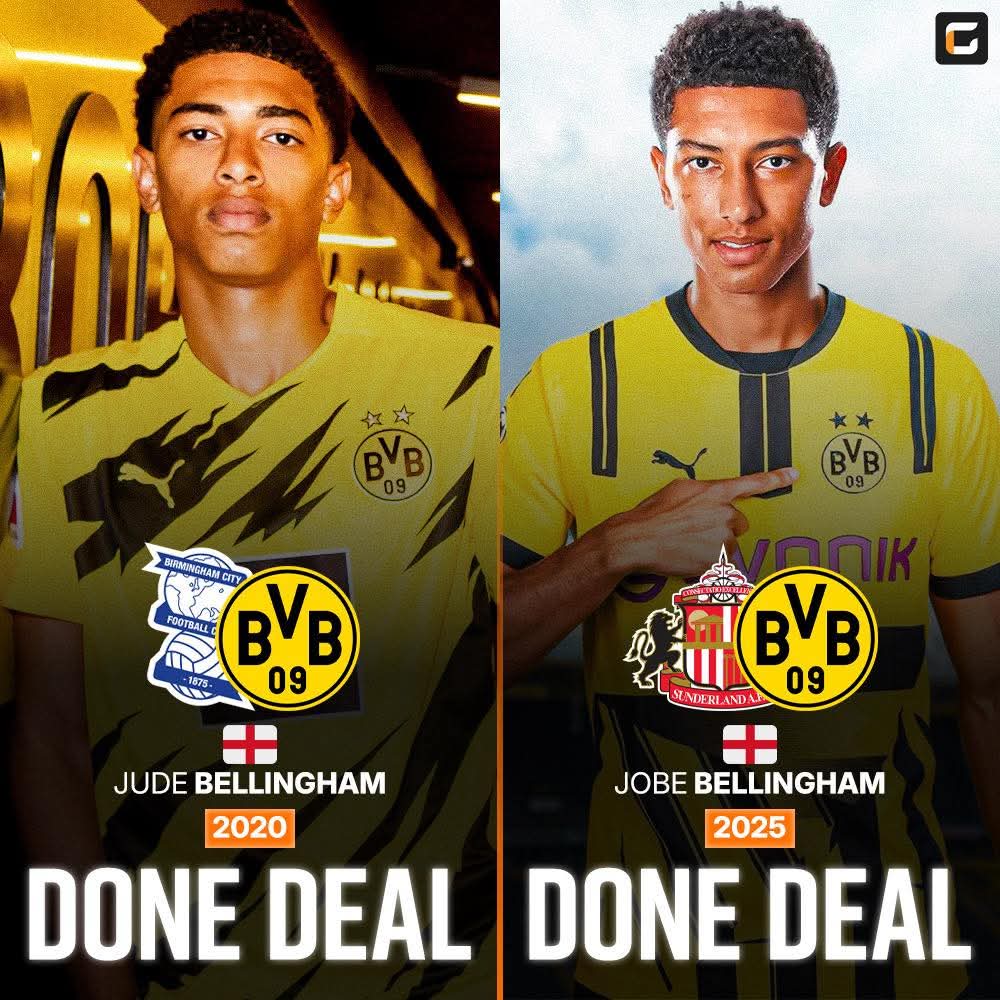 🏴󠁧󠁢󠁥󠁮󠁧󠁿 2020: Borussia Dortmund signed Jude Bellingham from Birmingham City.
🏴󠁧󠁢󠁥󠁮󠁧󠁿 2025: Borussia Dortmund signed Jobe Bellingham from Sunderland AFC.

Following in his brother’s footsteps. 😍