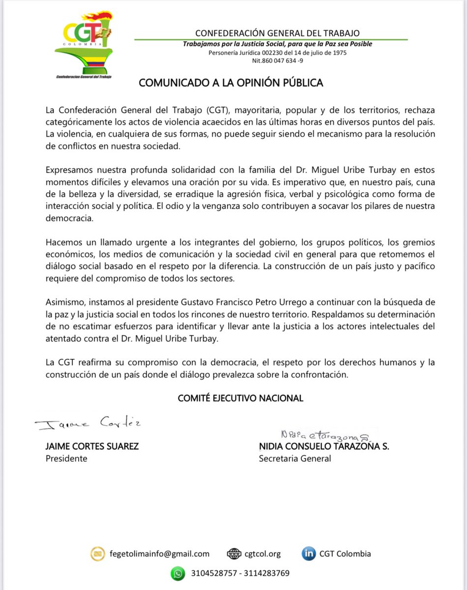nicotasi's tweet photo. La Confederación General del Trabajo CGT Mayoritaria, popular y de los territorios se permite informar que: 

@petrogustavo @AntonioSanguino @RTVCnoticias @NoticiasCaracol @NoticiasRCN @MafeCarrascal @GloriaFlorezSI @OlgaLVelasquez @Jaimecortez01 @ELTIEMPO @CamiloRomero https://t.co/u7UIpdPAsk