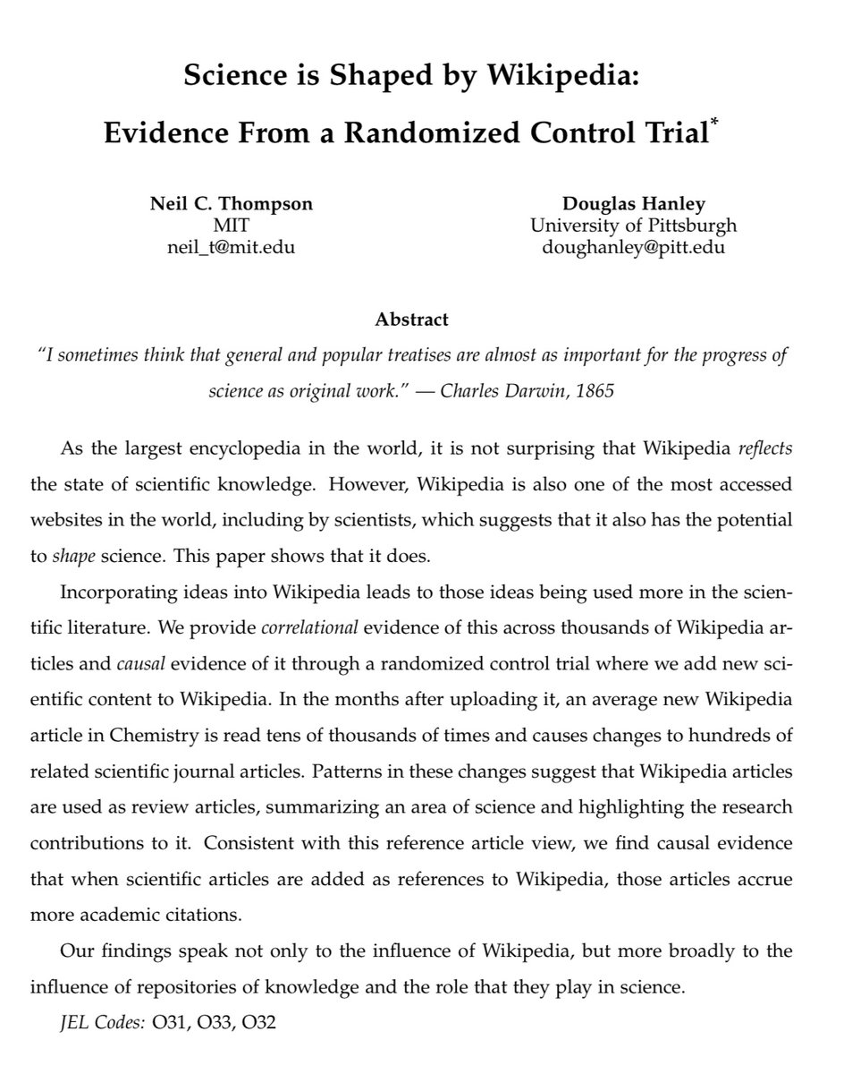 Really cool paper, which was unfortunately never published due to ethical concerns. Thompson and Hanley found that creating new Wikipedia articles changed the content of scientific papers. As a way of disseminating information, it is ludicrously cost effective.