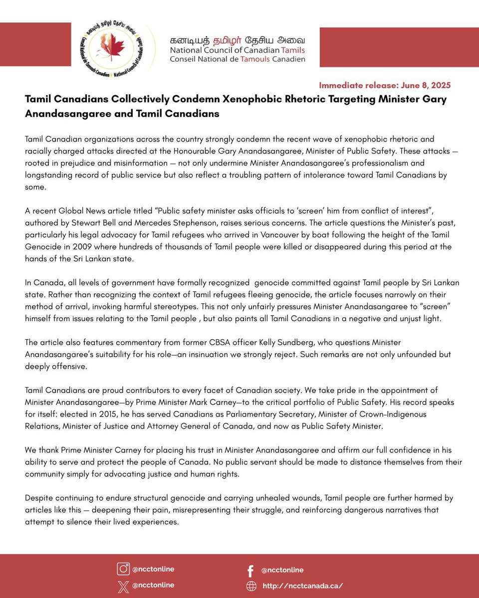 ncctonline's tweet photo. Tamil Canadians Collectively Condemn Xenophobic Rhetoric Targeting Honourable Minister Gary Anandasangaree and Tamil Canadians. https://t.co/rUYy68fsIi