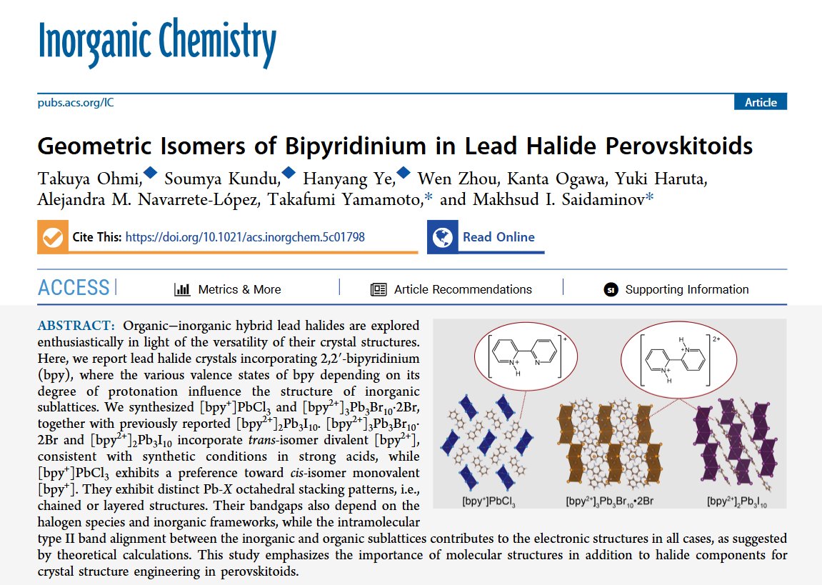 Unexpected!

Bipyridinium prefers the trans isomer in Pb–Br and Pb–I cages, as expected.

But surprisingly switches to cis in Pb–Cl cage!

What is behind this twist?

Read our findings here: pubs.acs.org/doi/10.1021/ac…